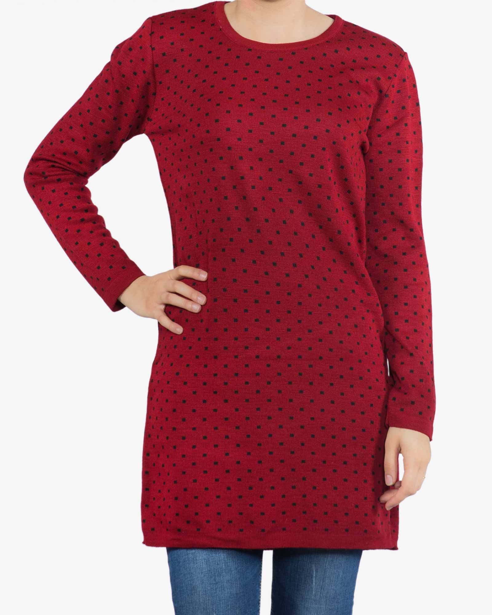 تونیک زنانه بافت یقه گرد طرح مربع - زرشکی - رو به رو