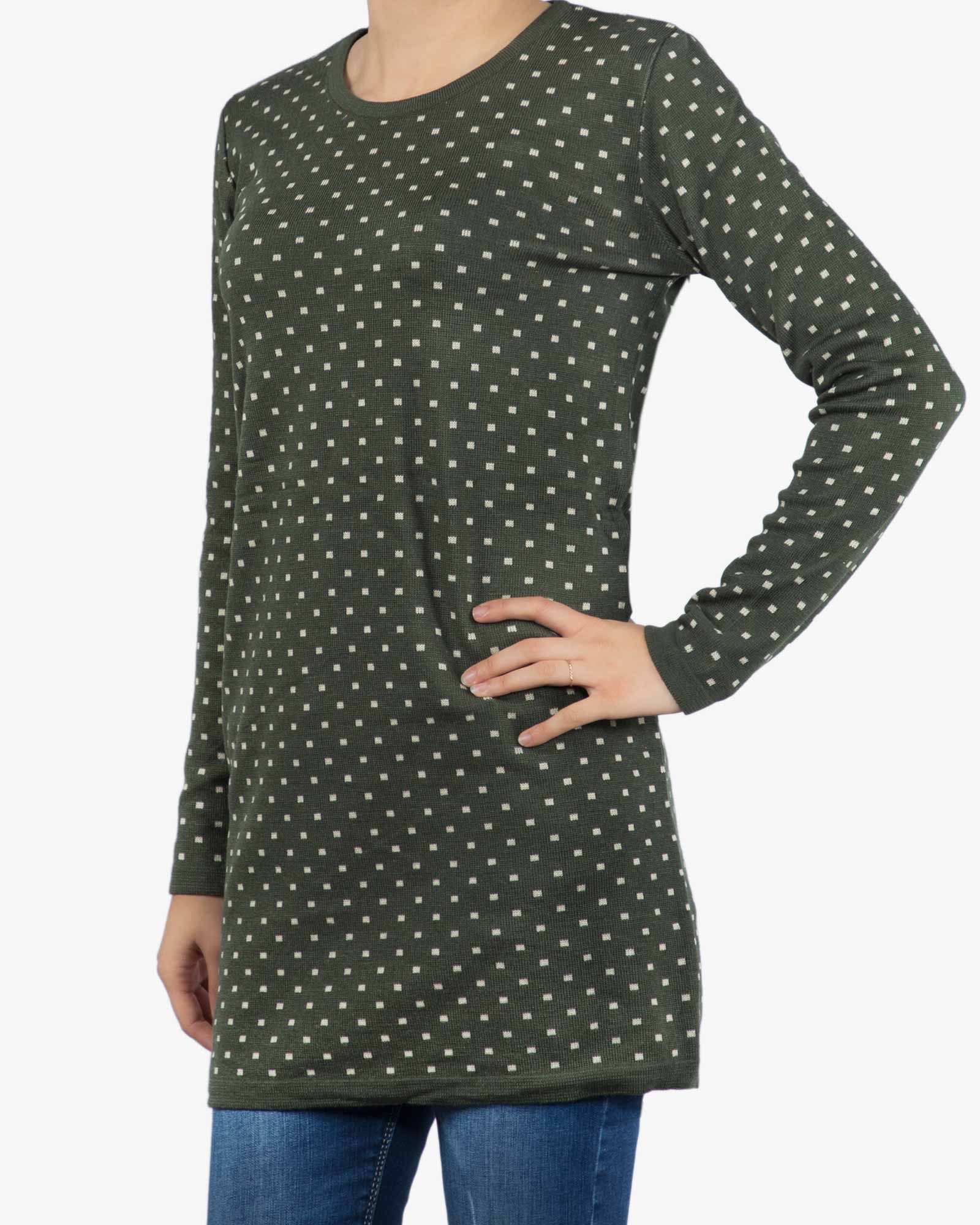 تونیک زنانه بافت یقه گرد طرح مربع - زیتونی سیر - رو به رو