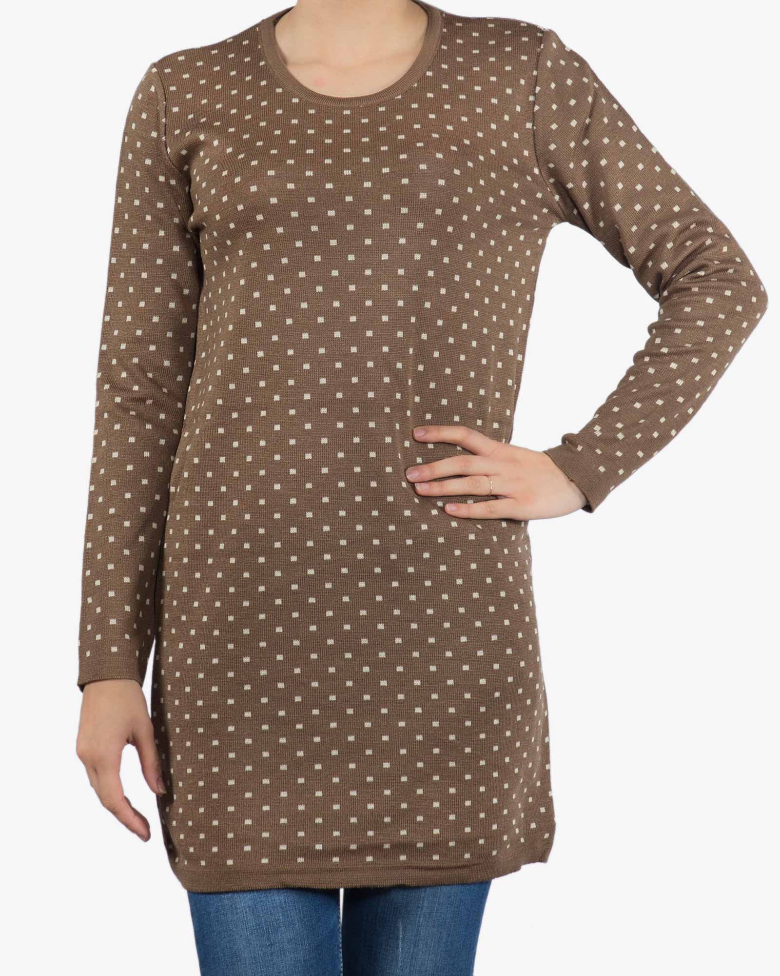 تونیک زنانه بافت یقه گرد طرح مربع - قهوه‌ای روشن