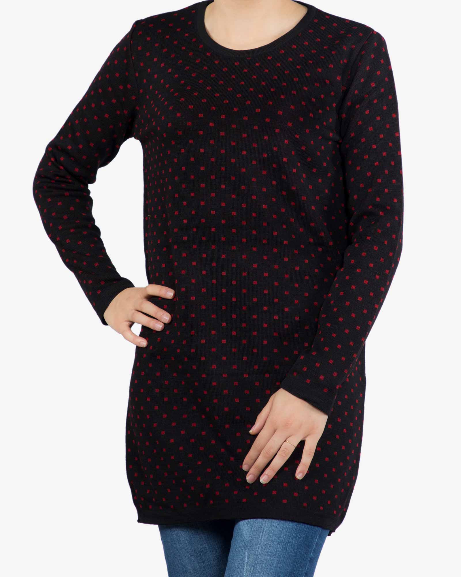 تونیک زنانه بافت یقه گرد طرح مربع - مشکی