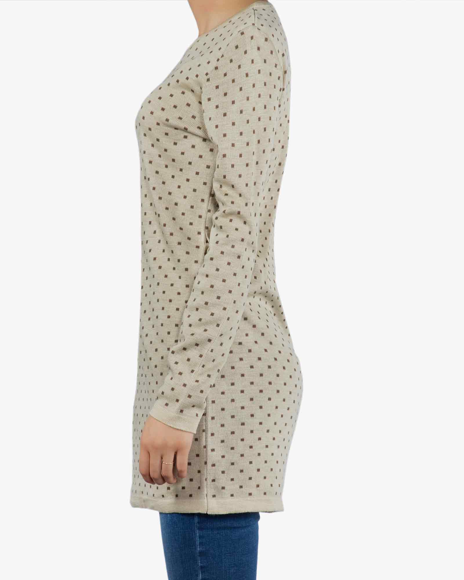 تونیک زنانه بافت یقه گرد طرح مربع - کرم - بغل