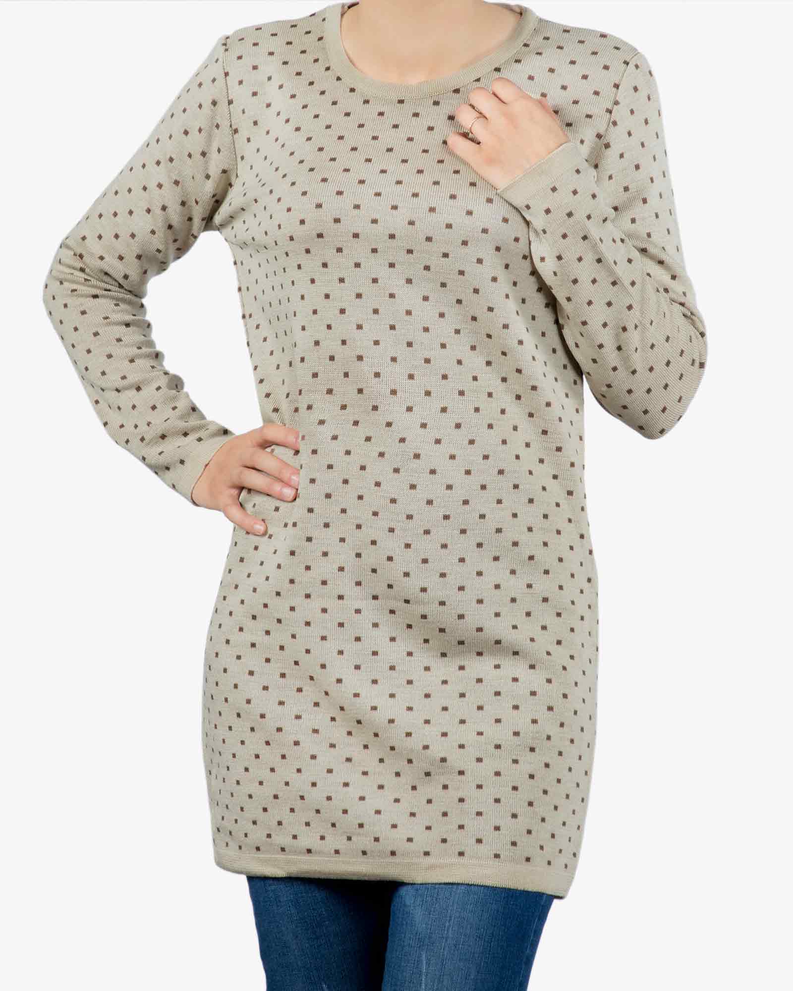 تونیک زنانه بافت یقه گرد طرح مربع - کرم - رو به رو