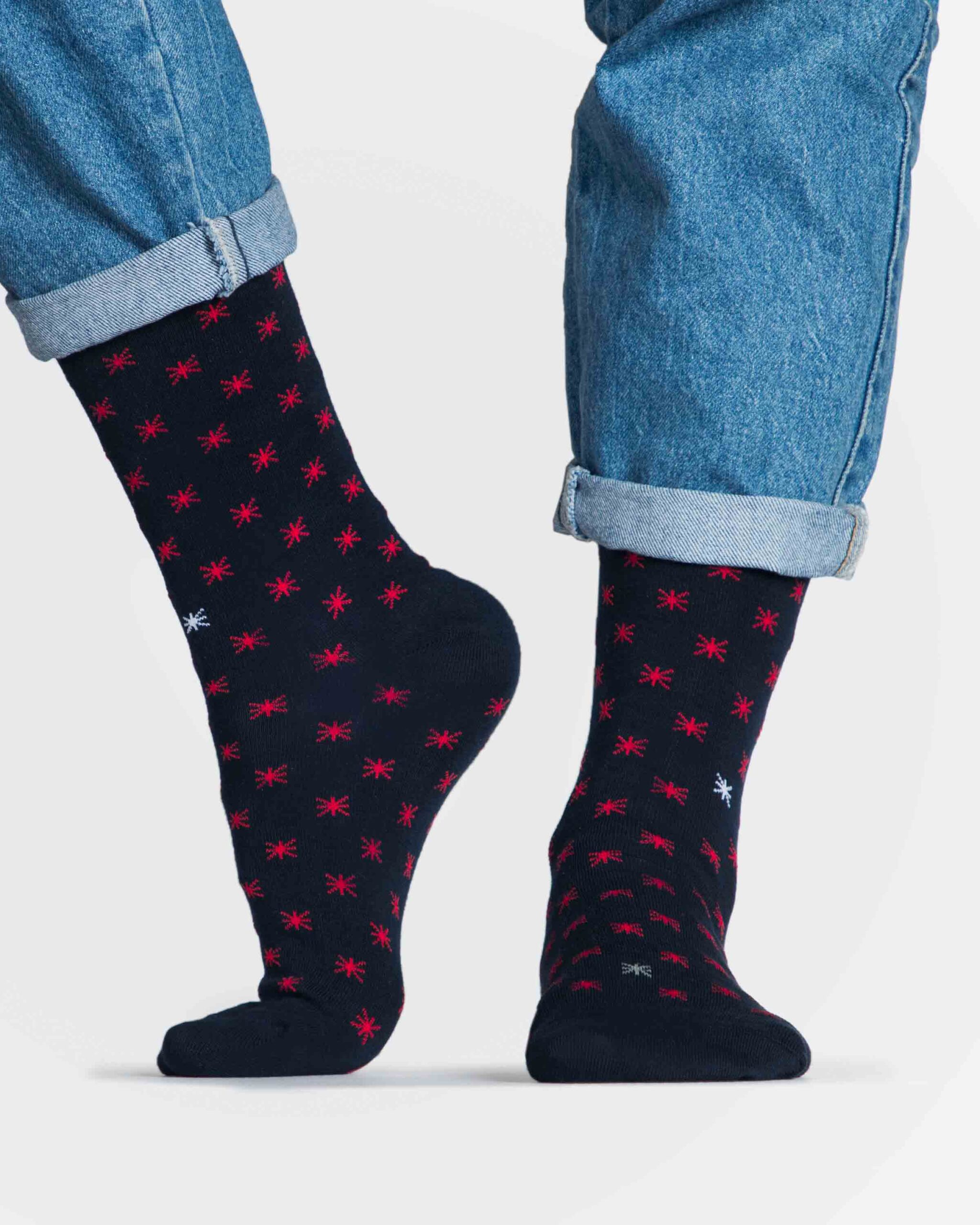 جوراب نخی ساق دار طرح ستاره - سرمه ای تیره - رو به رو