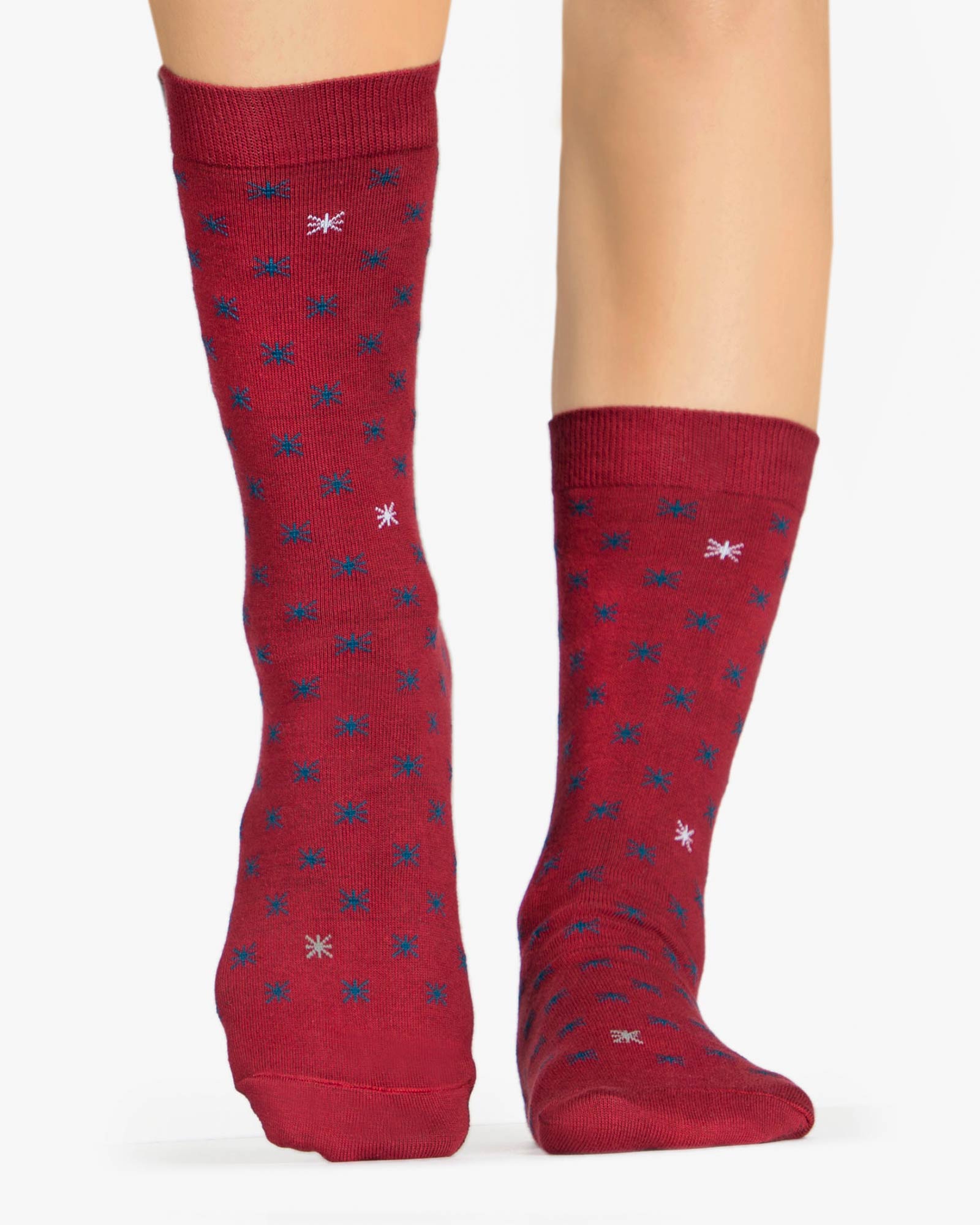 جوراب نخی ساق دار طرح ستاره - شرابی - رو به رو