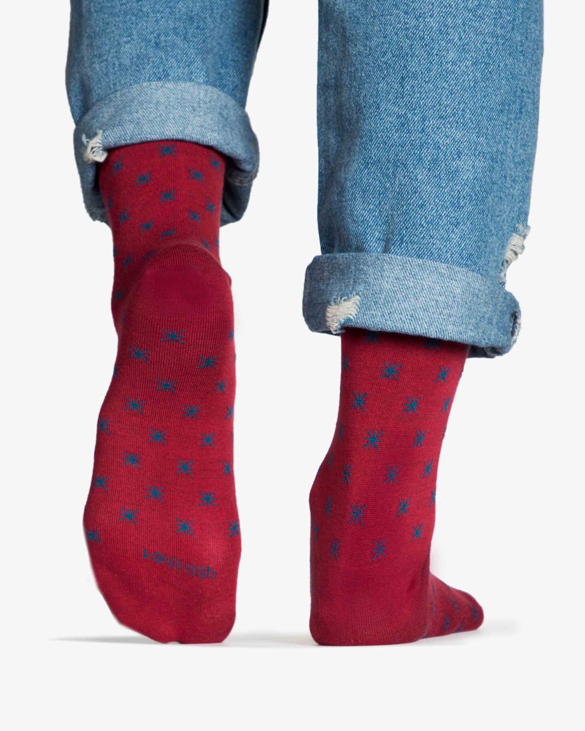 جوراب نخی ساق دار طرح ستاره - شرابی - پشت