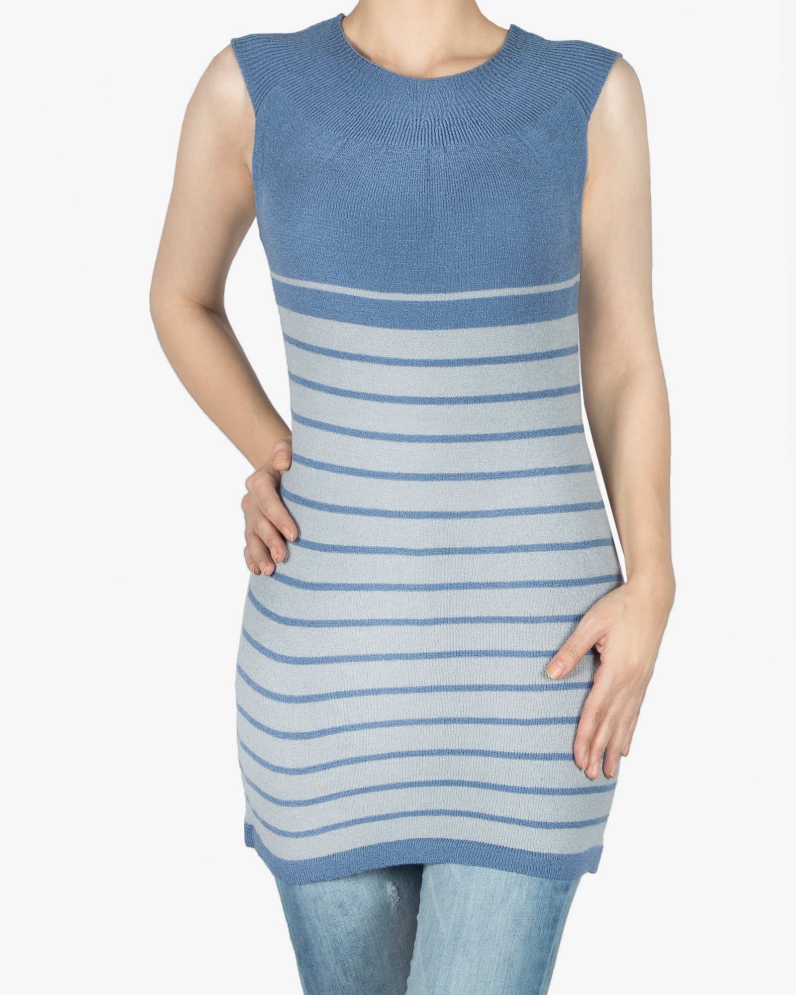 سارافون دخترانه بافت راه راه آستین حلقه ای - آبی روشن - رو به رو