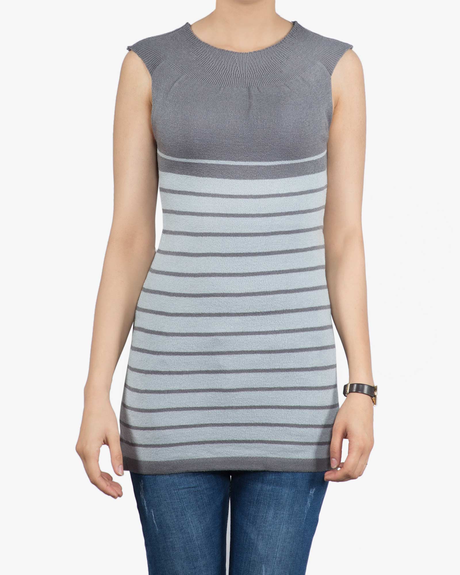 سارافون دخترانه بافت راه راه آستین حلقه ای - طوسی - رو به رو