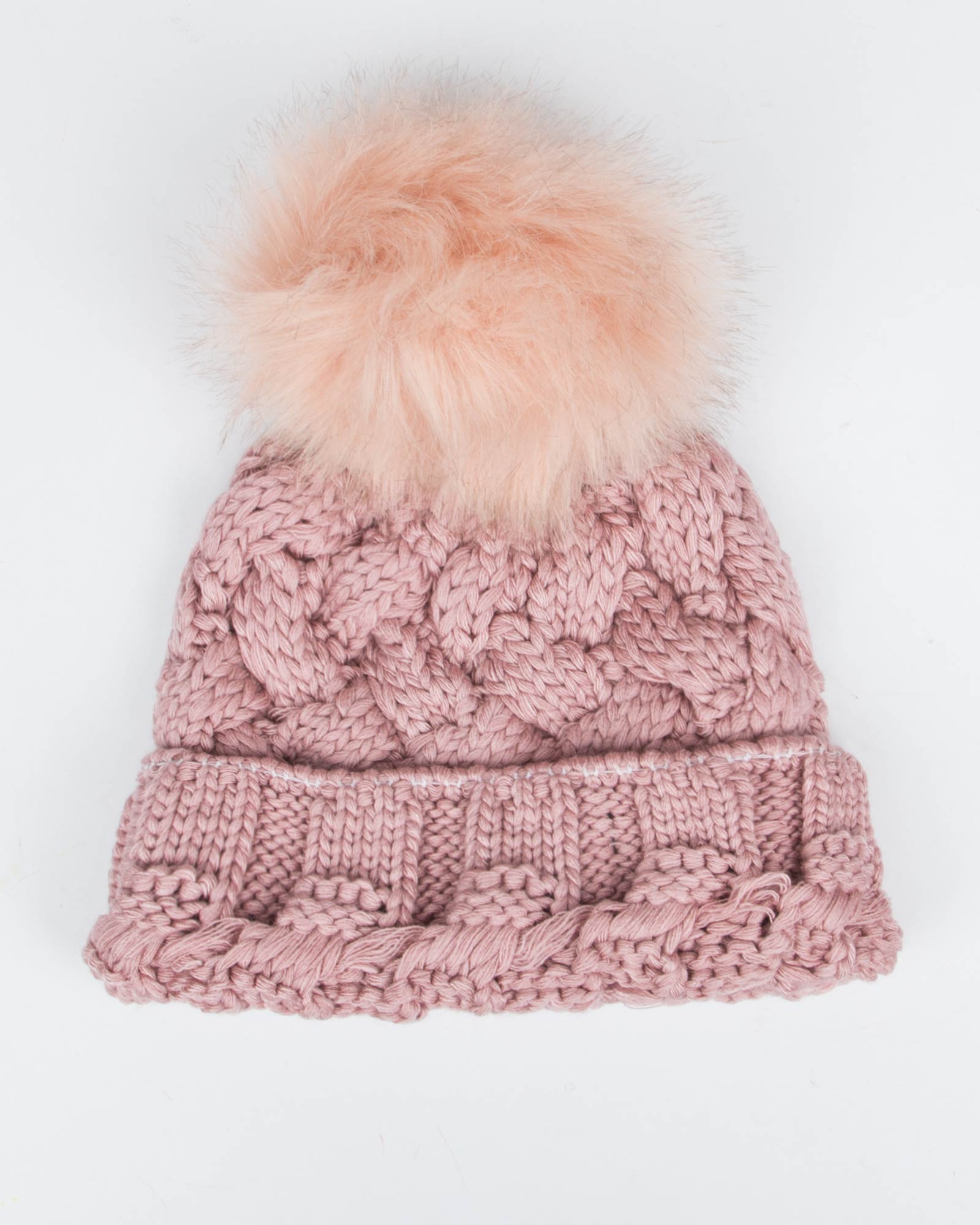 شال گردن و کلاه بافت طرح حصیری - صورتی کثیف - کلاه پوم دار