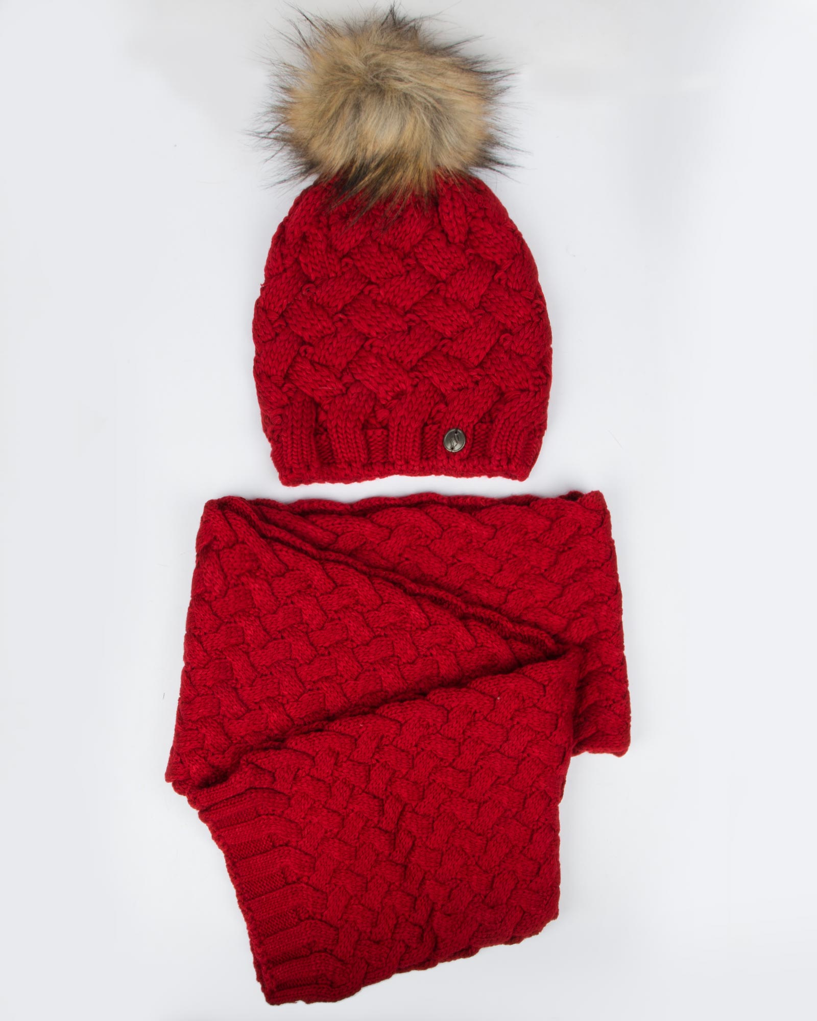 شال گردن و کلاه بافت طرح حصیری - قرمز - رو به رو