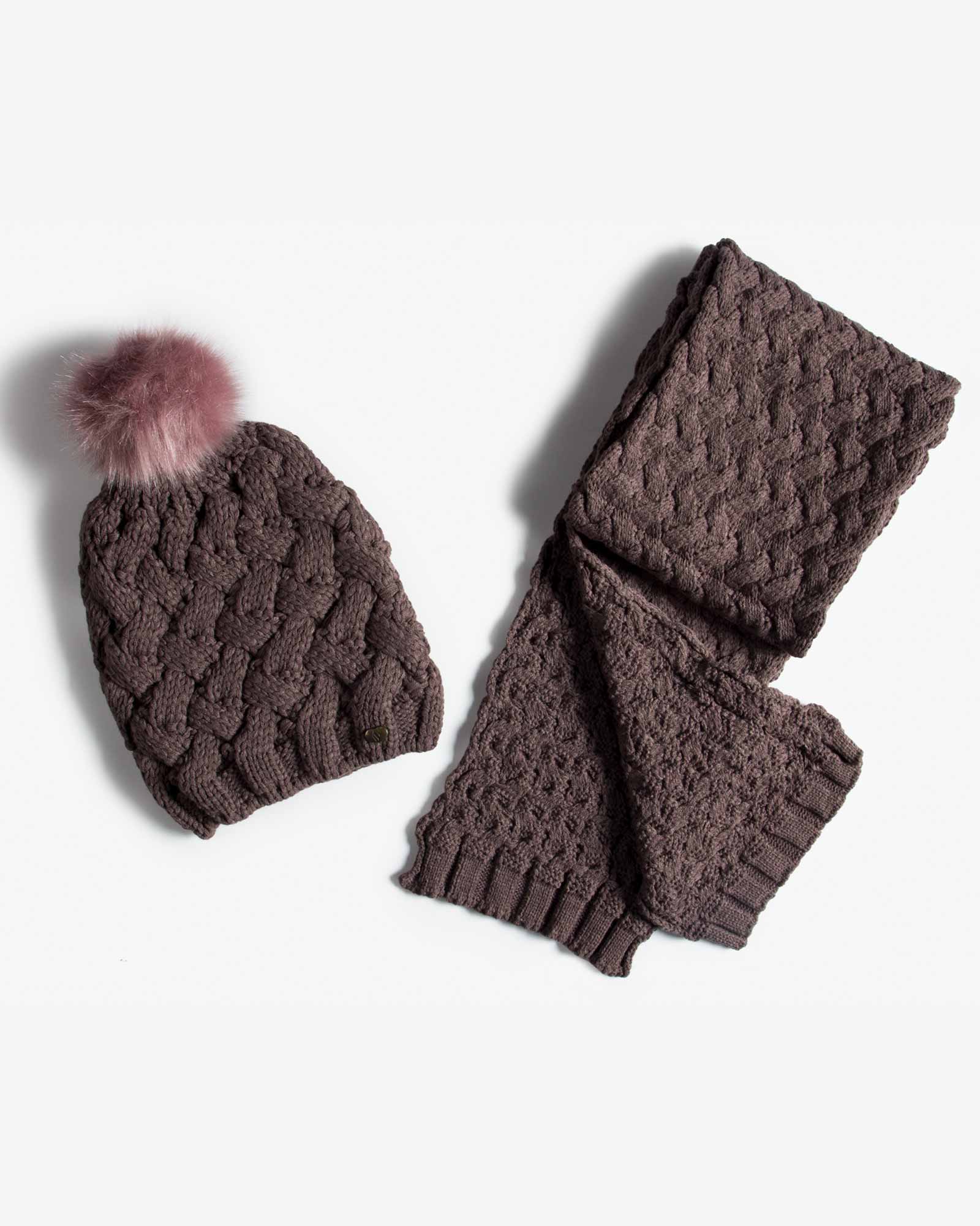 شال گردن و کلاه بافت طرح حصیری - کالباسی تیره - شال گردن و کلاه