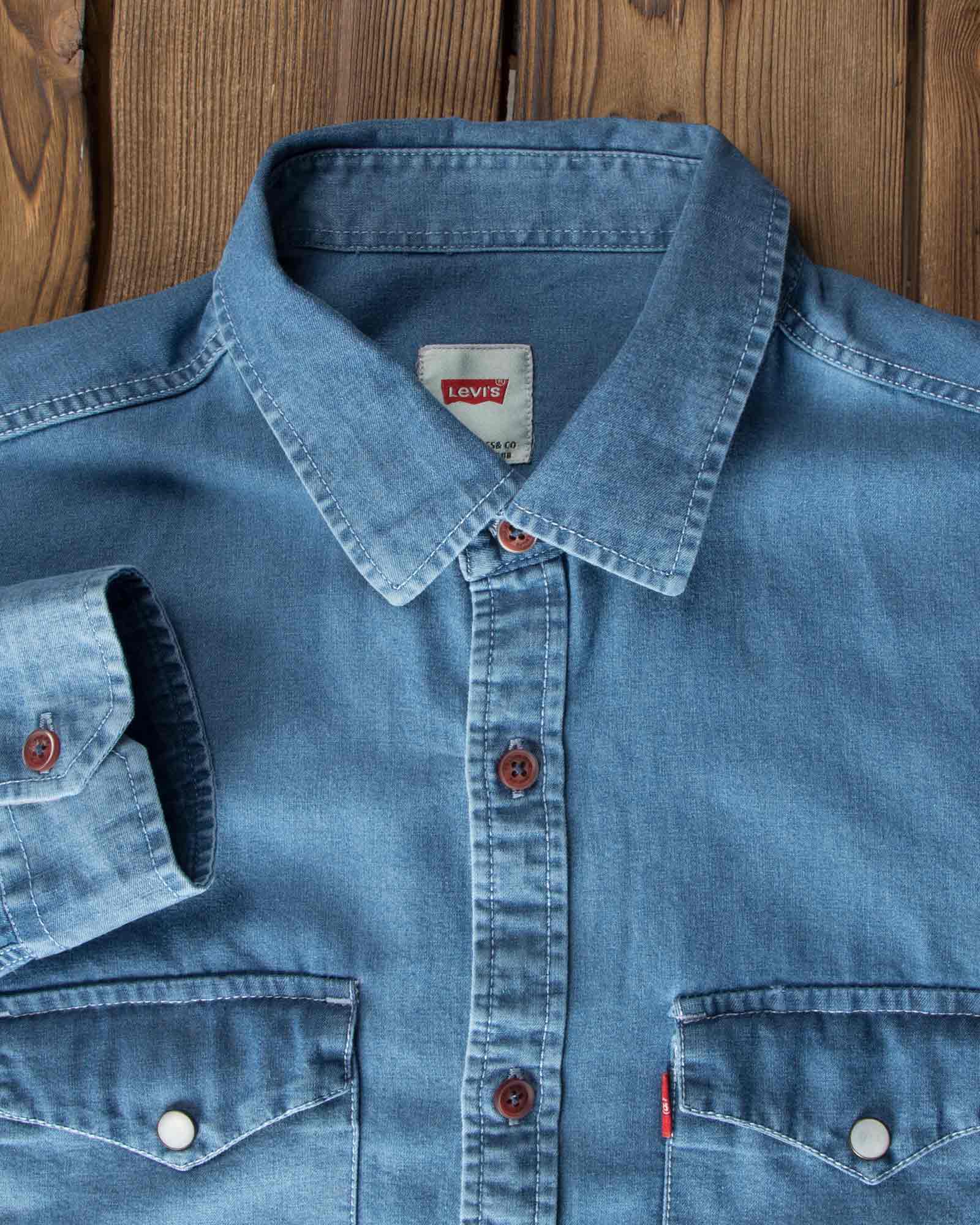 پیراهن جیب دار جین مردانه - نیلی - یقه مردانه