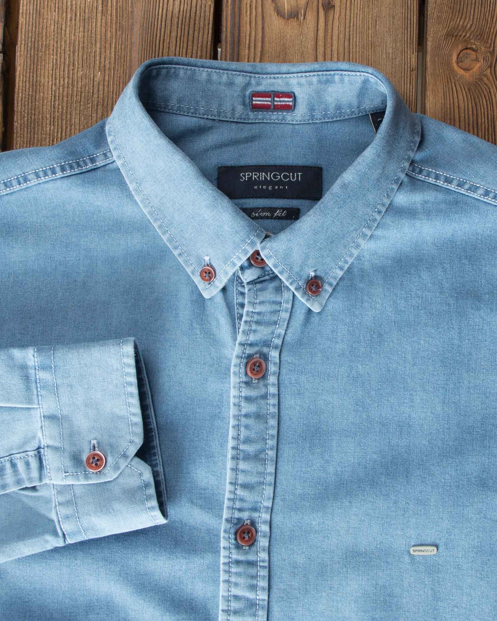 پیراهن جین آبی روشن مردانه - آبی روشن - آستین یقه مردانه