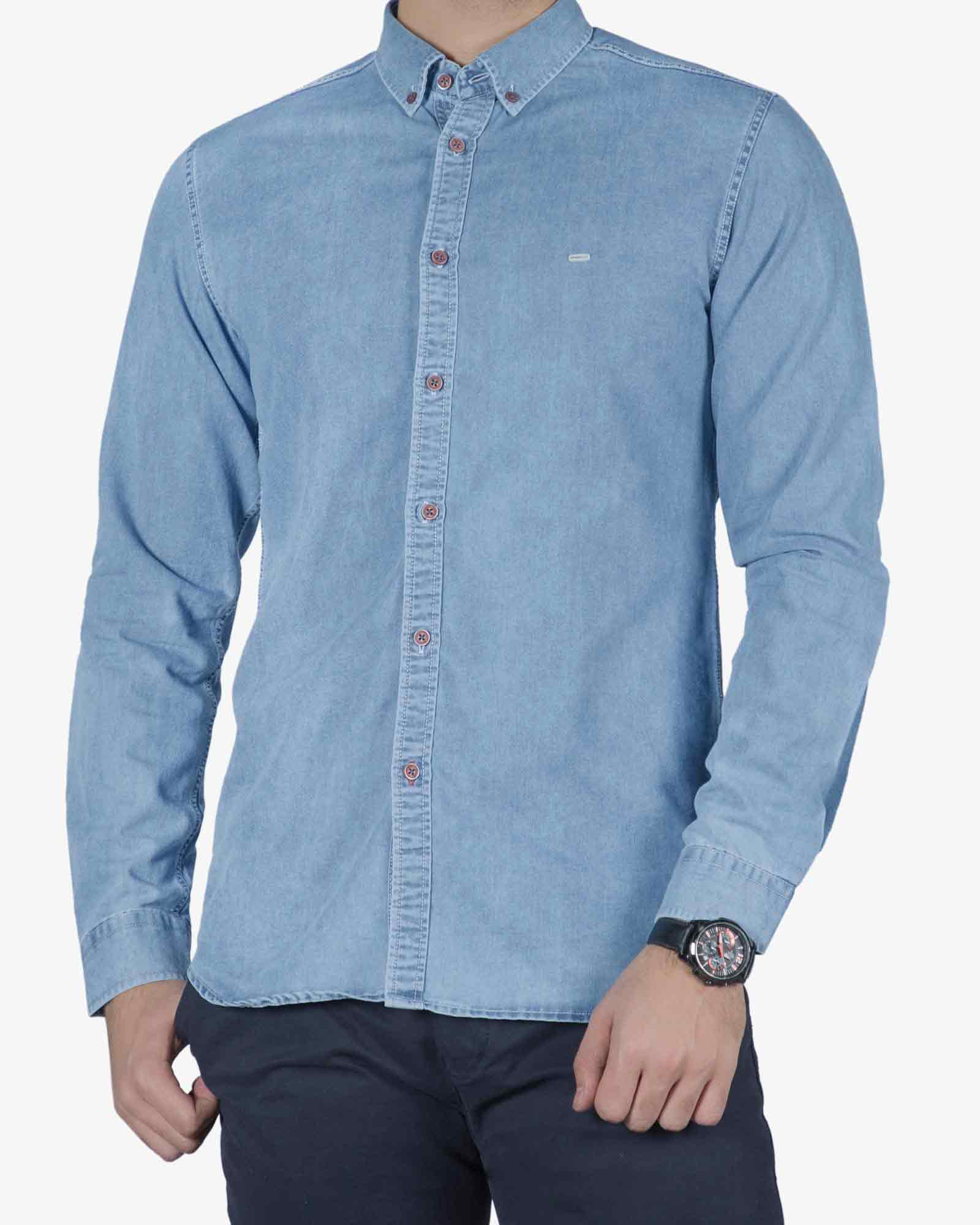 پیراهن جین آبی روشن مردانه - آبی روشن - رو به رو