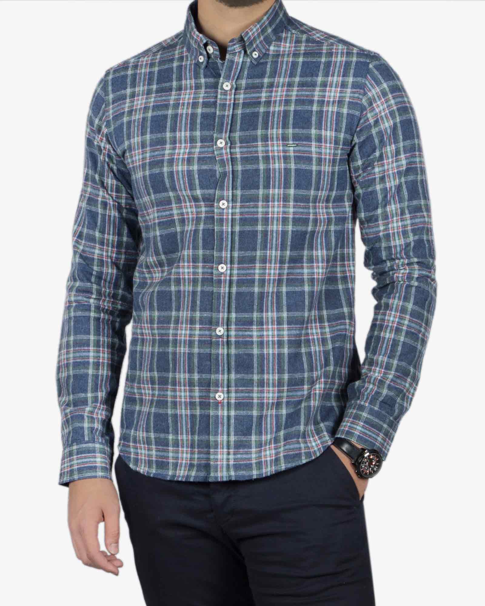 پیراهن مردانه طرح چهارخانه پشمی - آبی نفتی - رو به رو