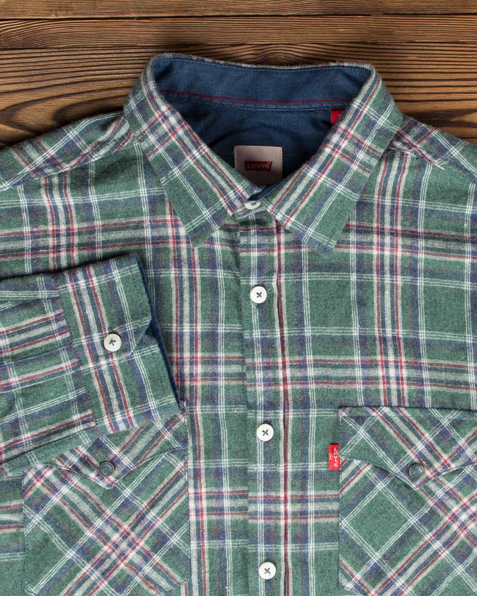 پیراهن مردانه طرح چهارخانه پشمی جیب دار - سبز تیره - آستین یقه مردانه