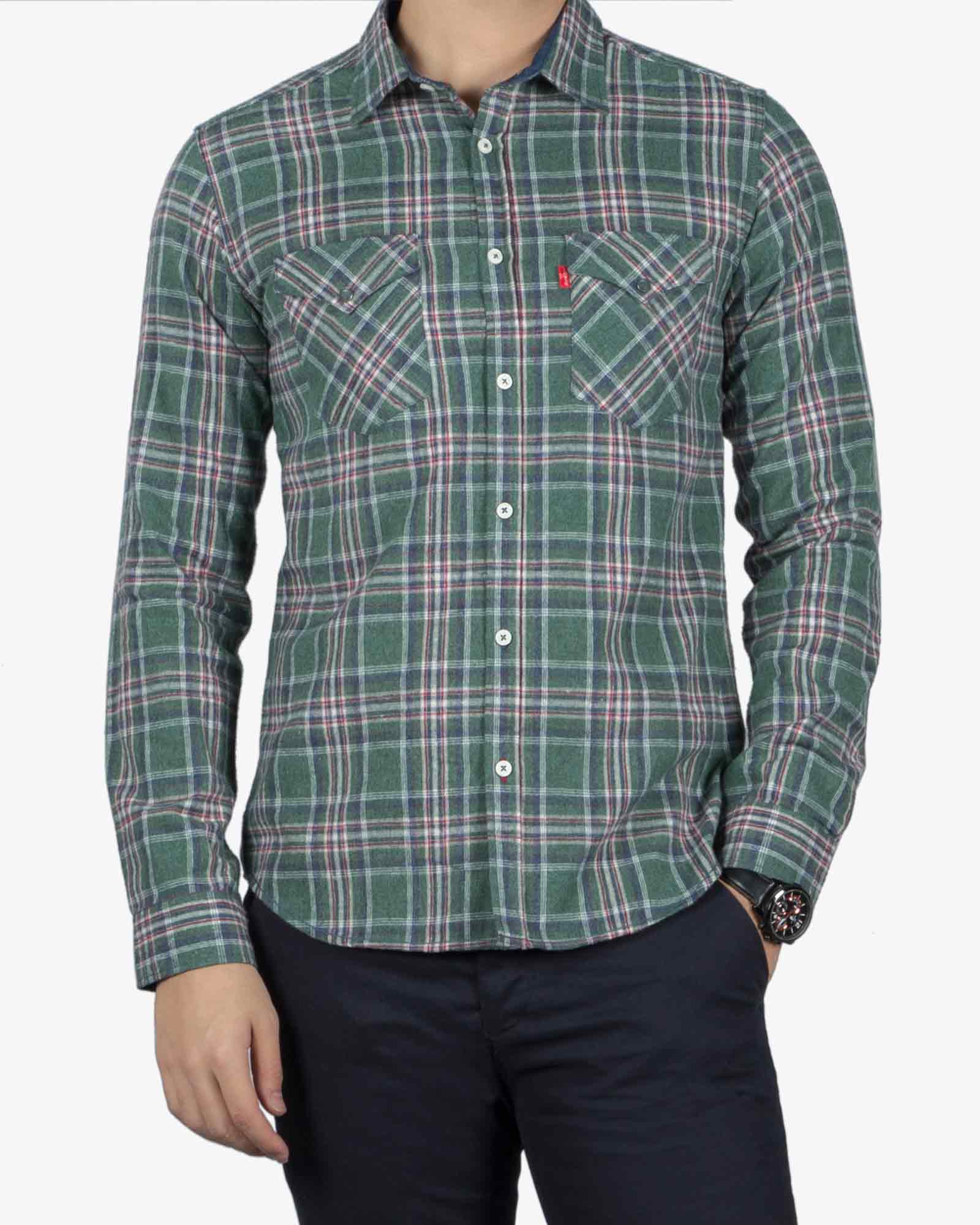 پیراهن مردانه طرح چهارخانه پشمی جیب دار - سبز تیره - رو به رو