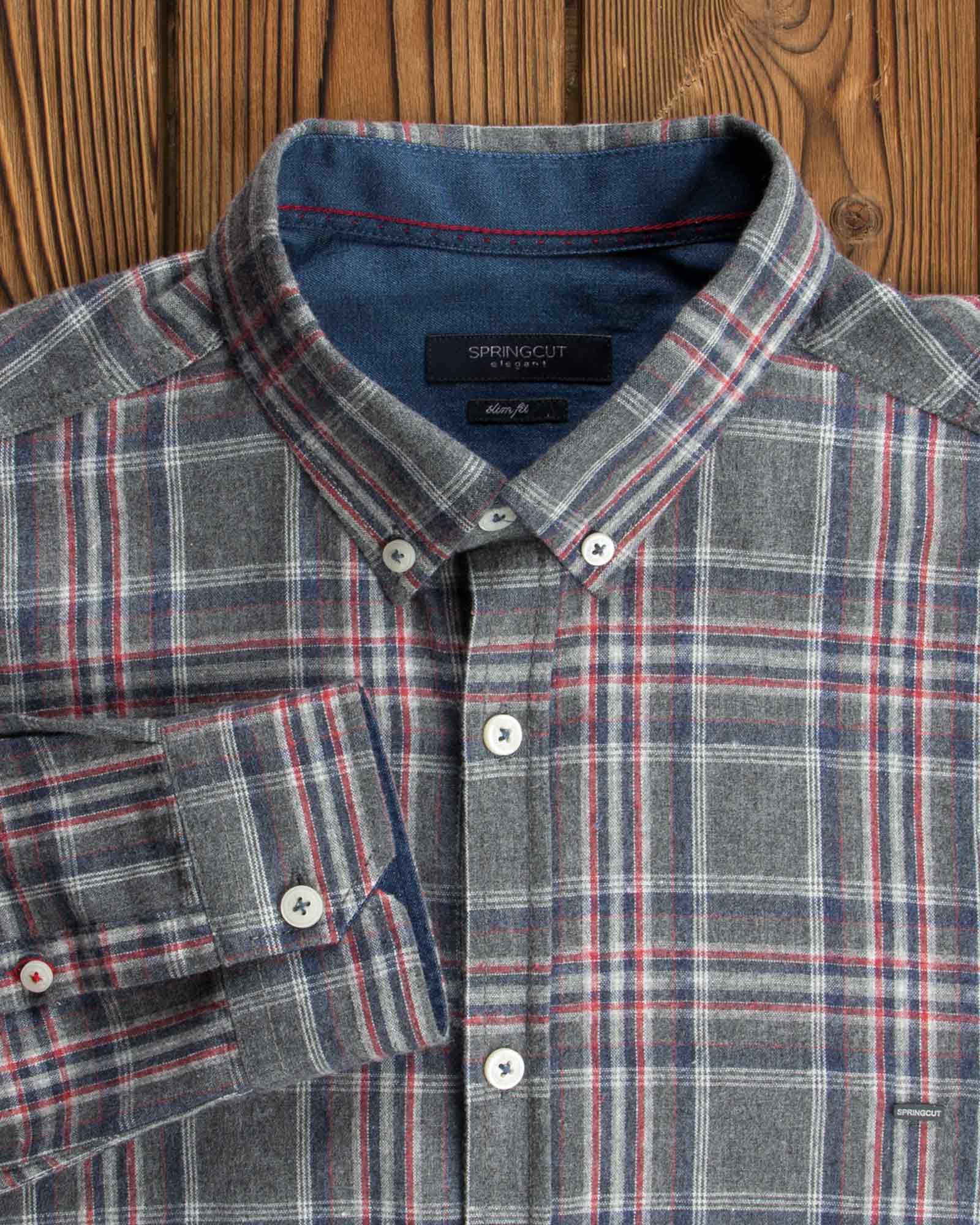 پیراهن مردانه طرح چهارخانه پشمی - خاکستری - آستین یقه مردانه