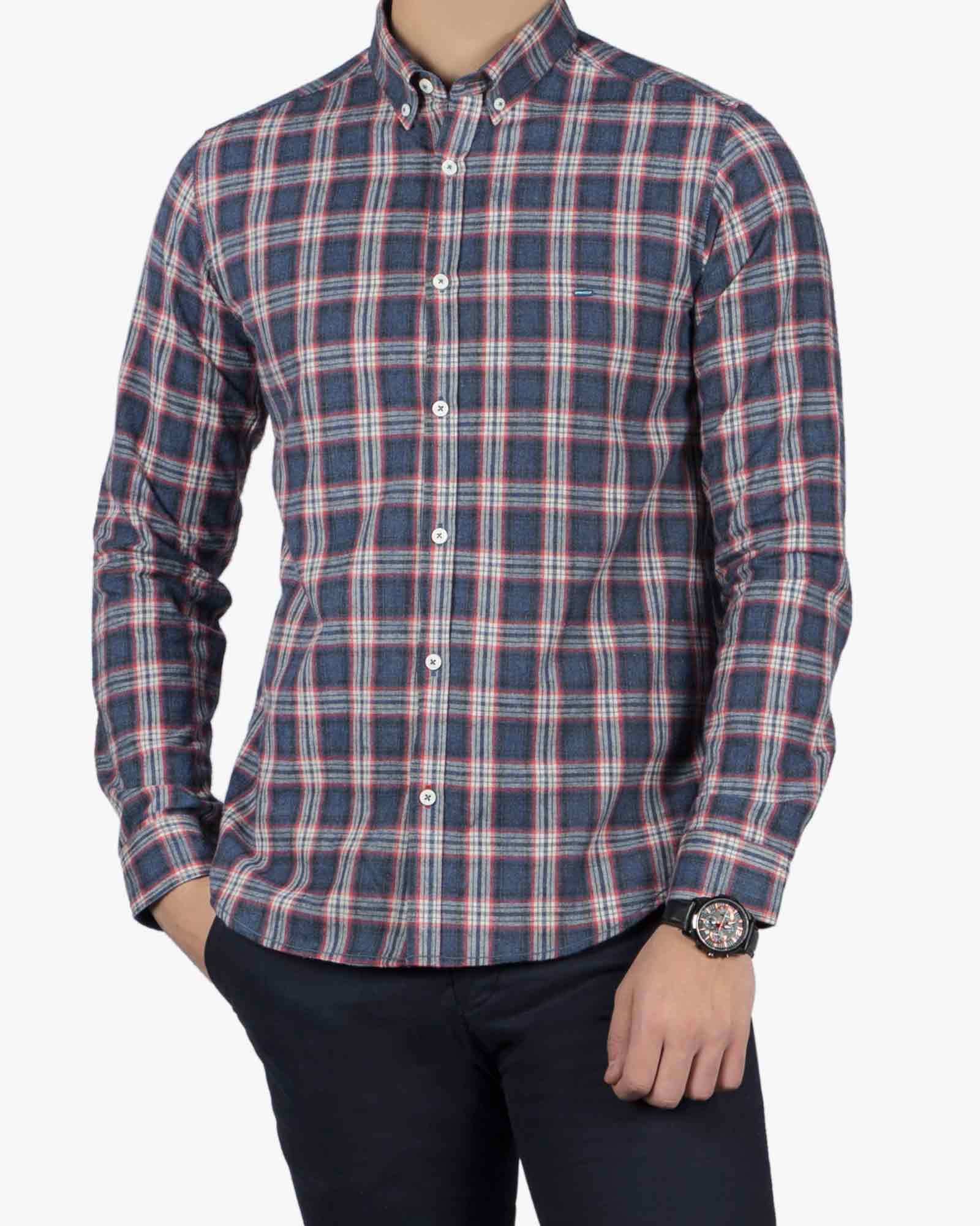 پیراهن مردانه طرح چهارخانه پشمی - سربی تیره - رو به رو