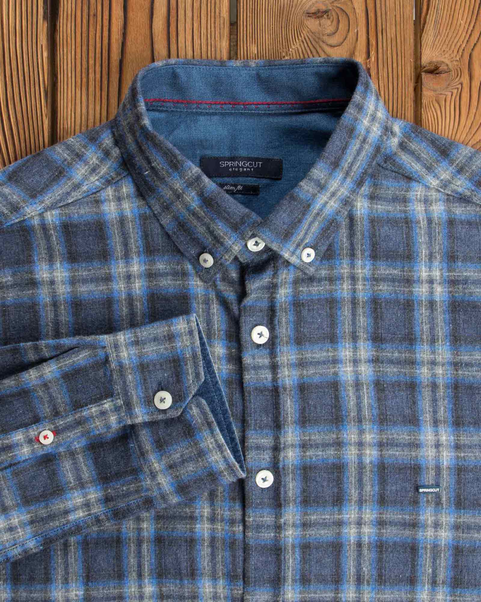 پیراهن مردانه طرح چهارخونه پشمی - آبی تیره - آستین یقه مردانه