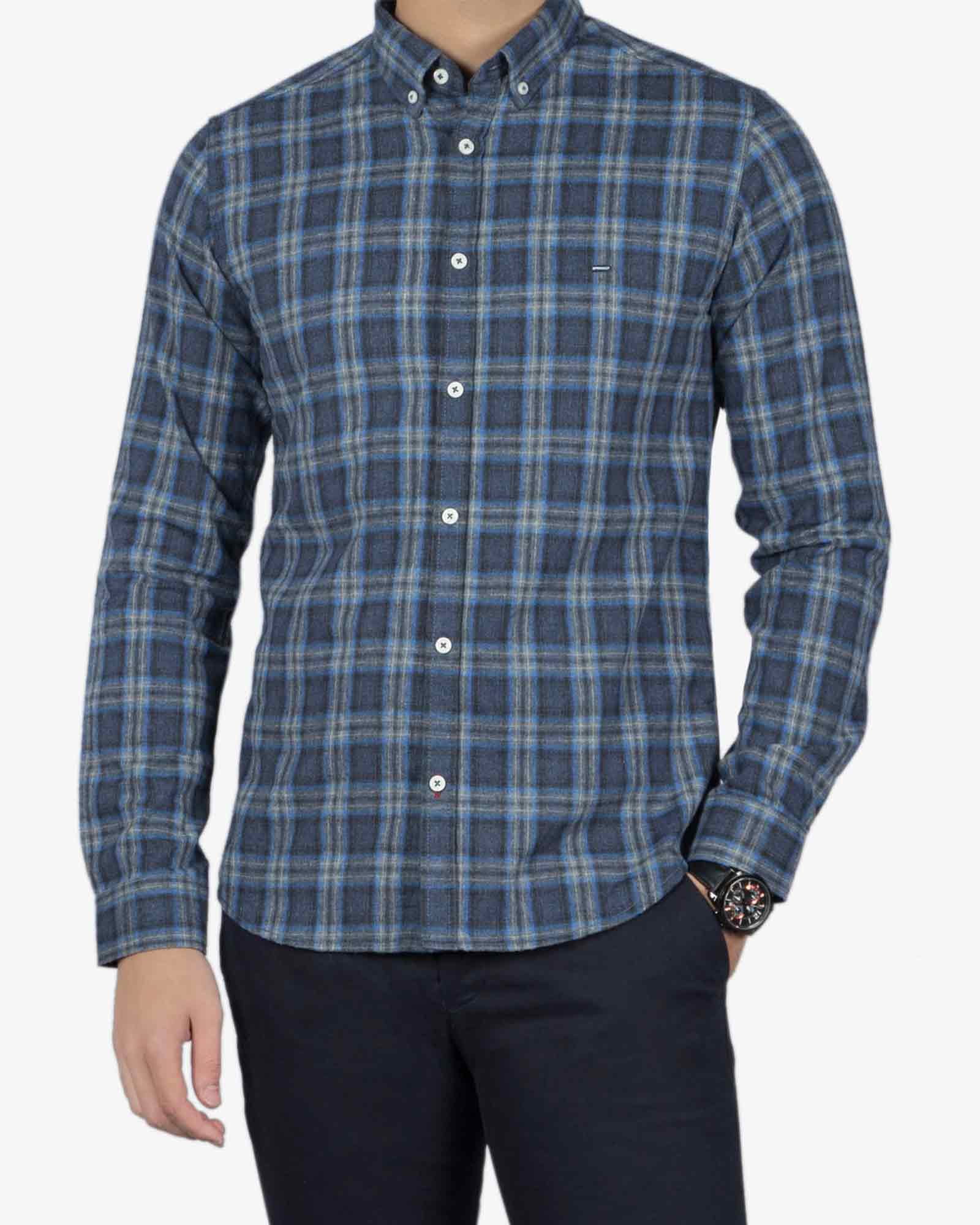 پیراهن مردانه طرح چهارخونه پشمی - آبی تیره - رو به رو