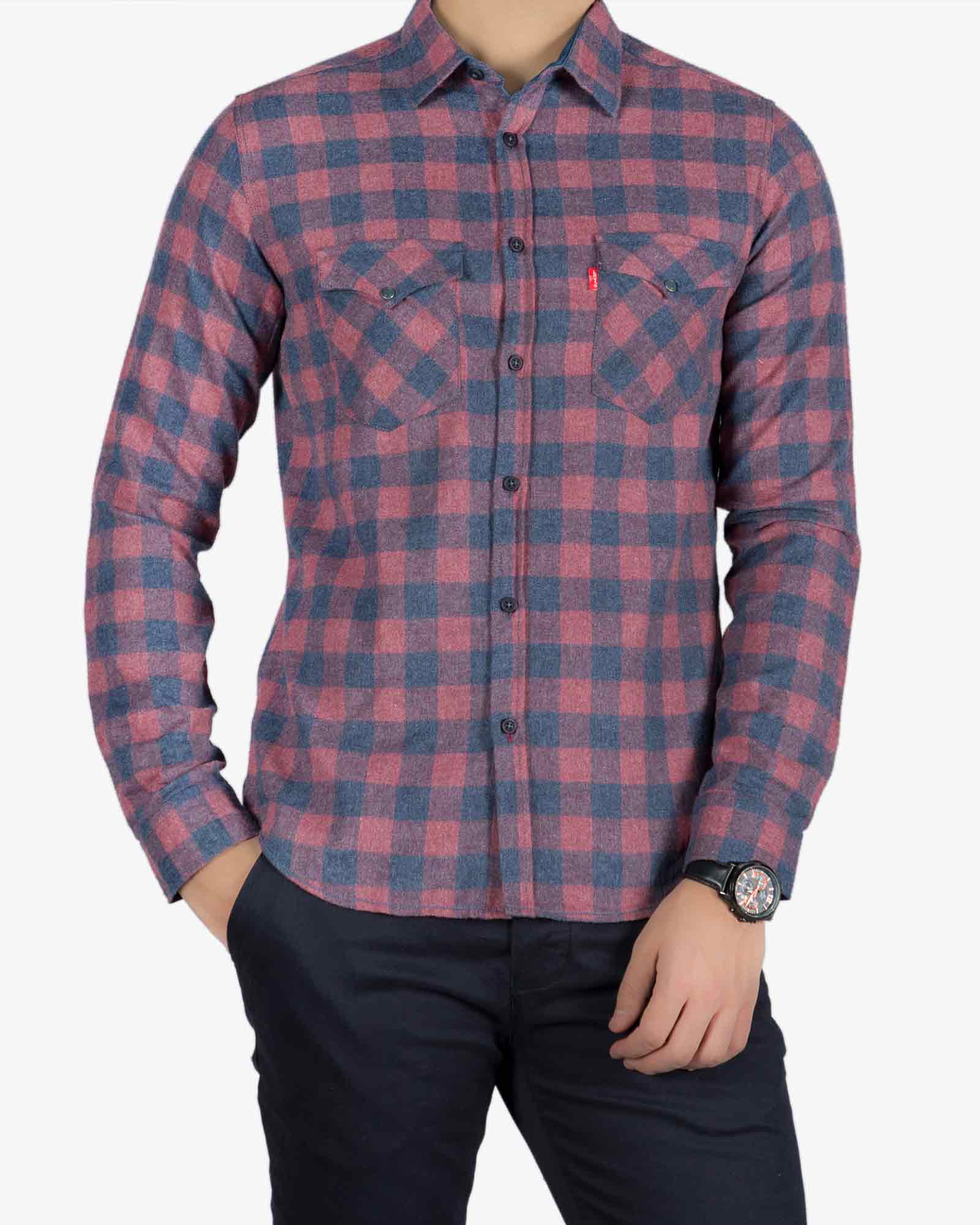 پیراهن مردانه چهارخانه قرمز سرمه ای پشمی - قرمز روشن - رو به رو