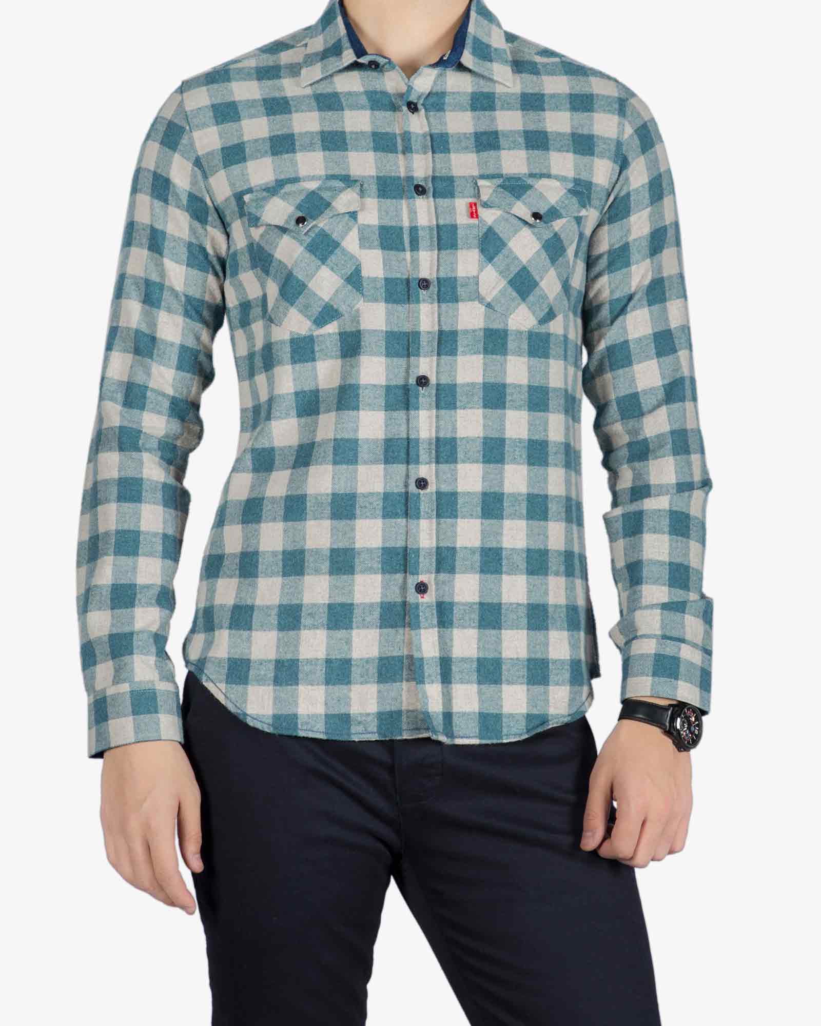 پیراهن پشمی مردانه چهارخانه سفید سبز آبی - سبز آبی تیره - رو به رو