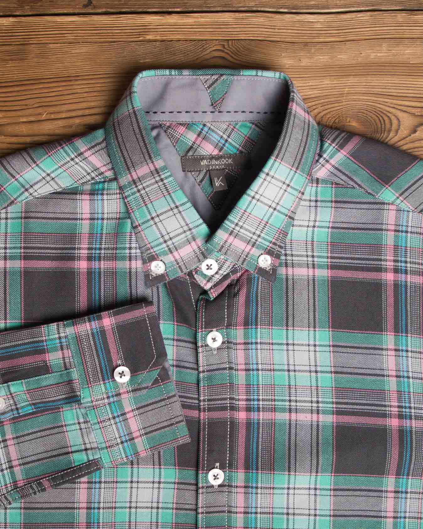 پیراهن-چارخونه-مردانه-سبز-دریایی-یقه