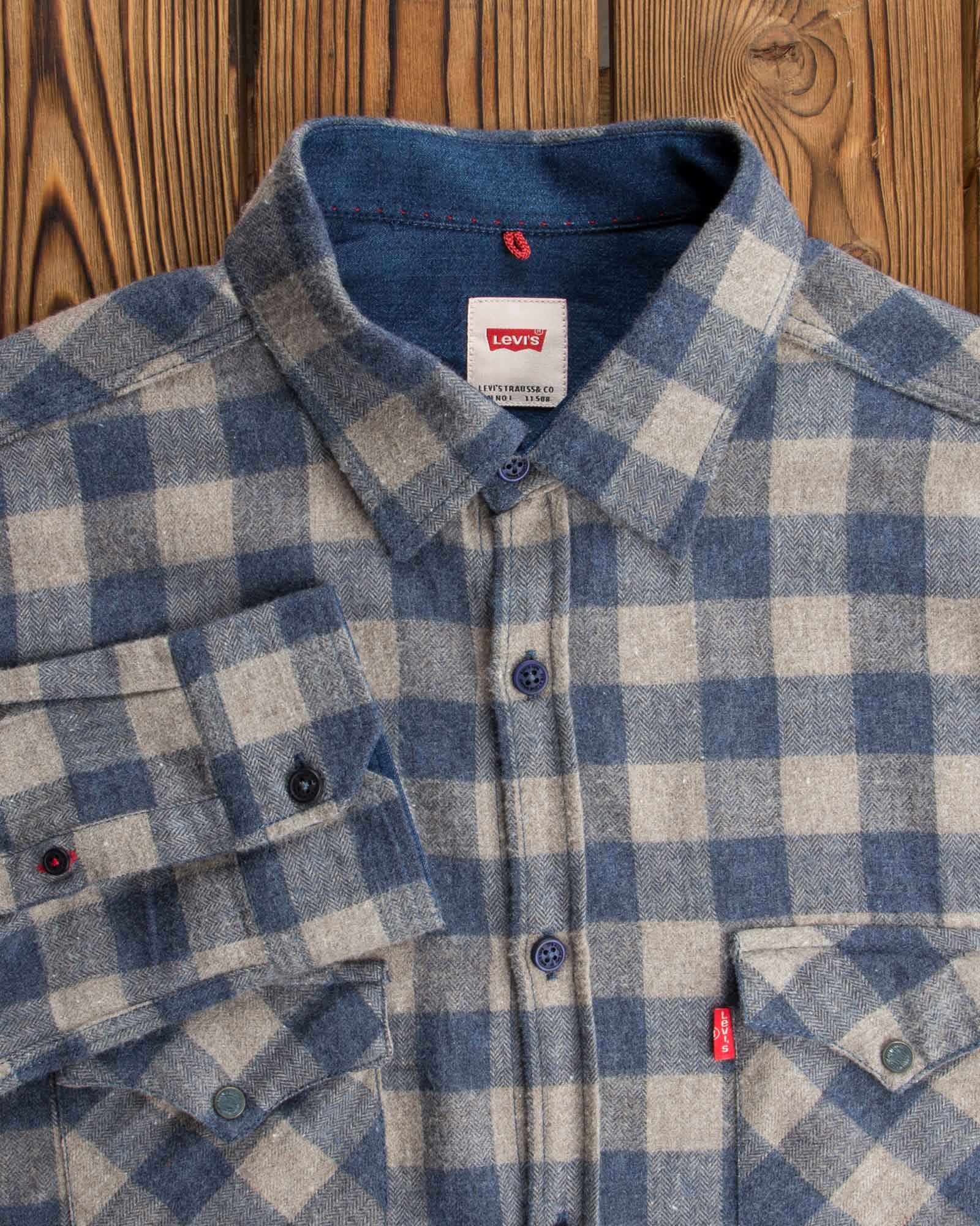 پیراهن چهارخانه آبی سفید مردانه پشمی - سربی - آُستین یقه مردانه