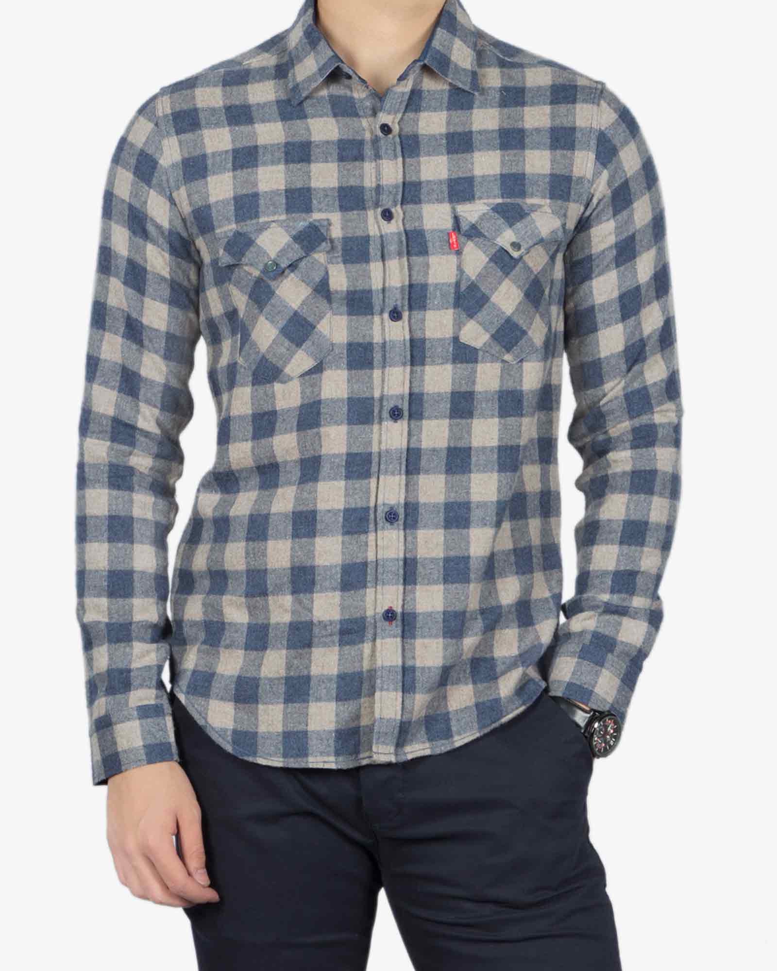 پیراهن چهارخانه آبی سفید مردانه پشمی - سربی - رو به رو