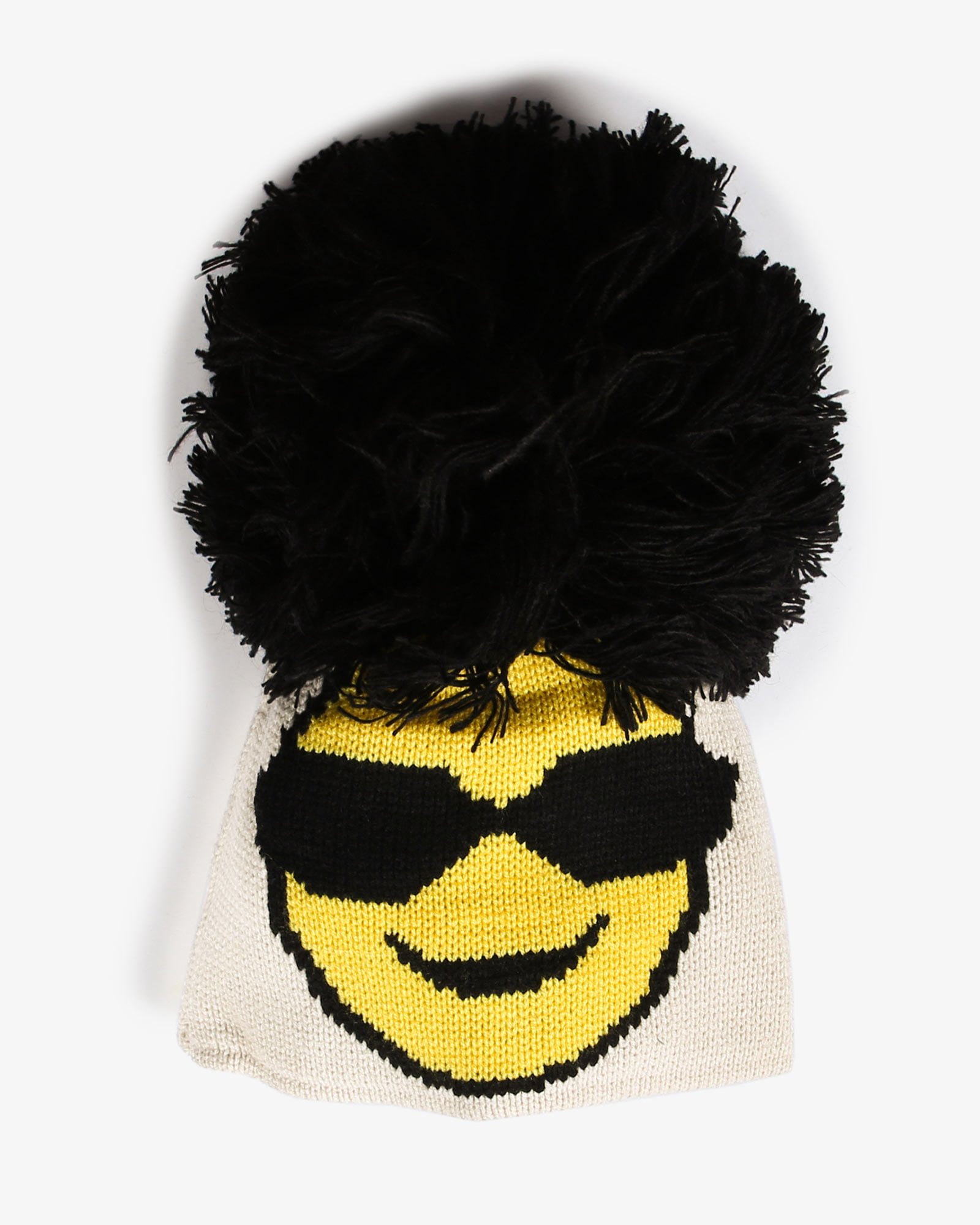 کلاه بافت طرح ایموجی منگوله دار - کرمی - رو به رو