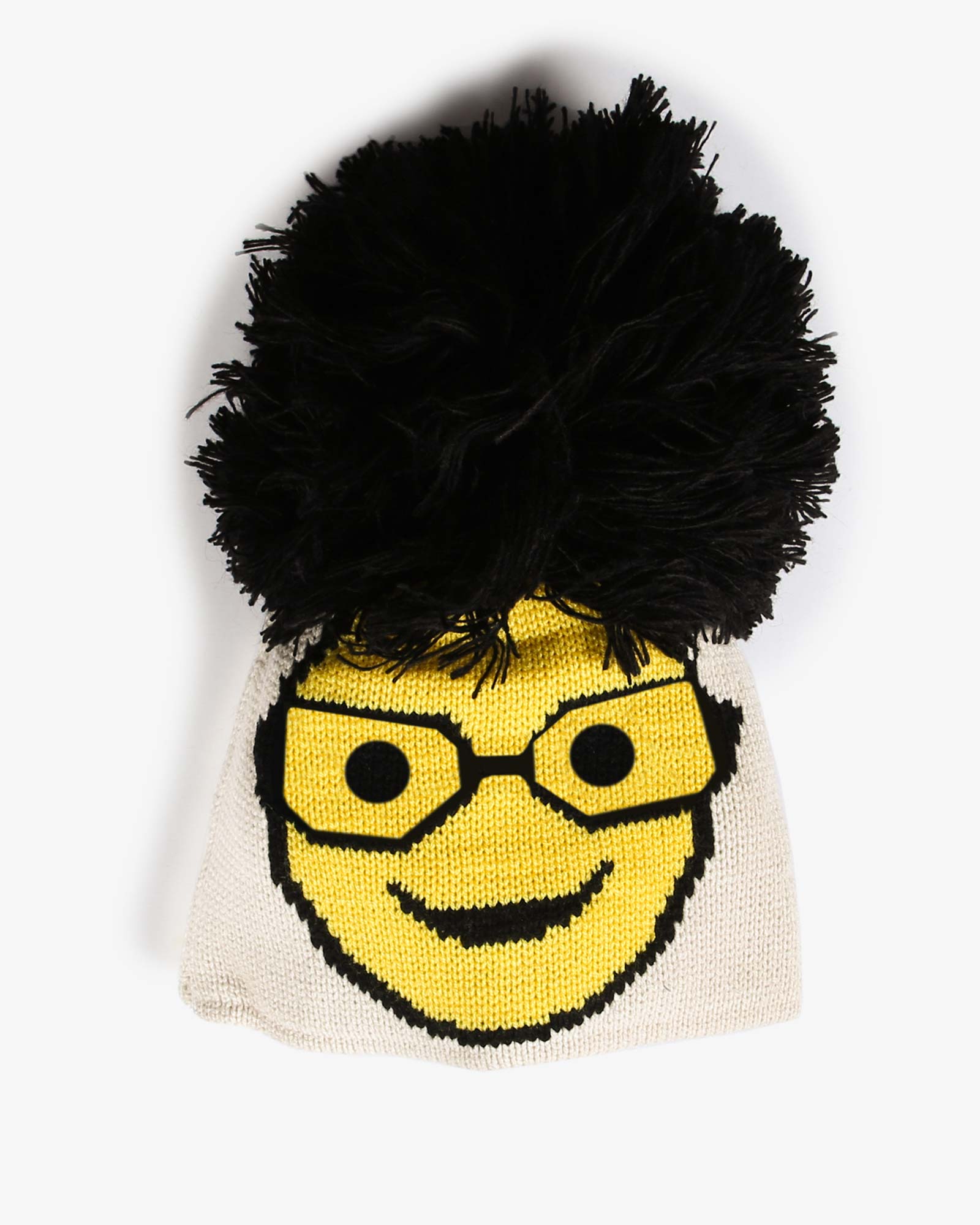 کلاه بافتنی طرح ایموجی منگوله دار - کرمی - رو به رو