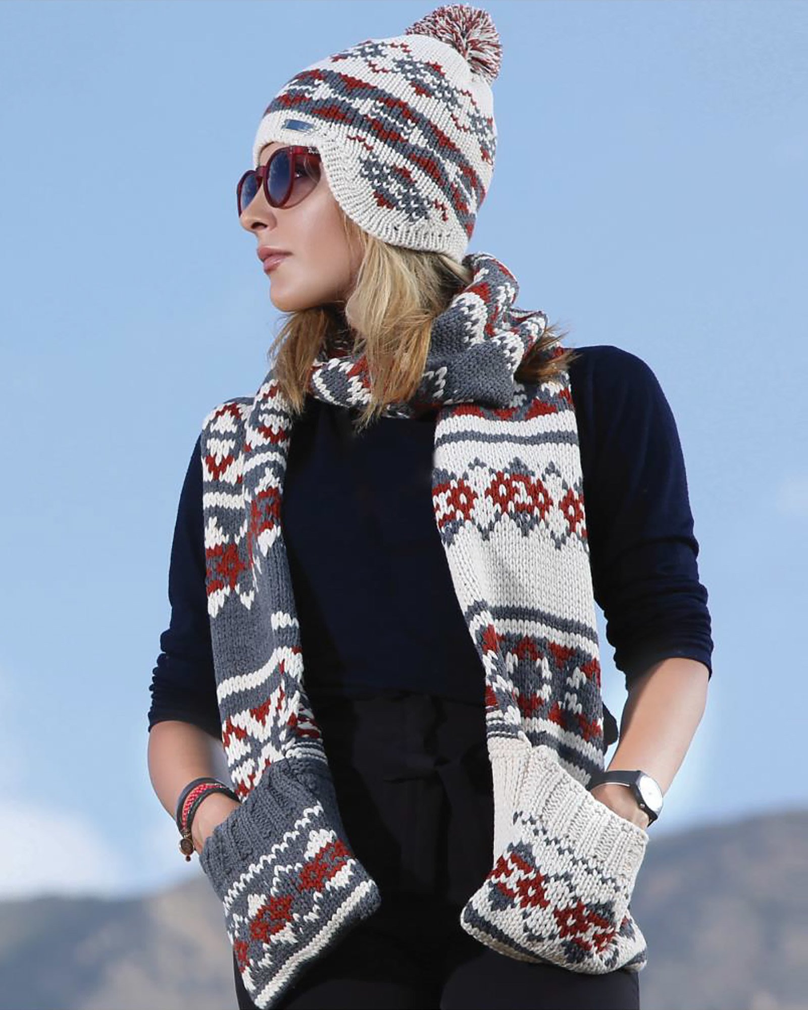 کلاه شال گردن جیب دار طرح دار - دودی - محیطی زنانه