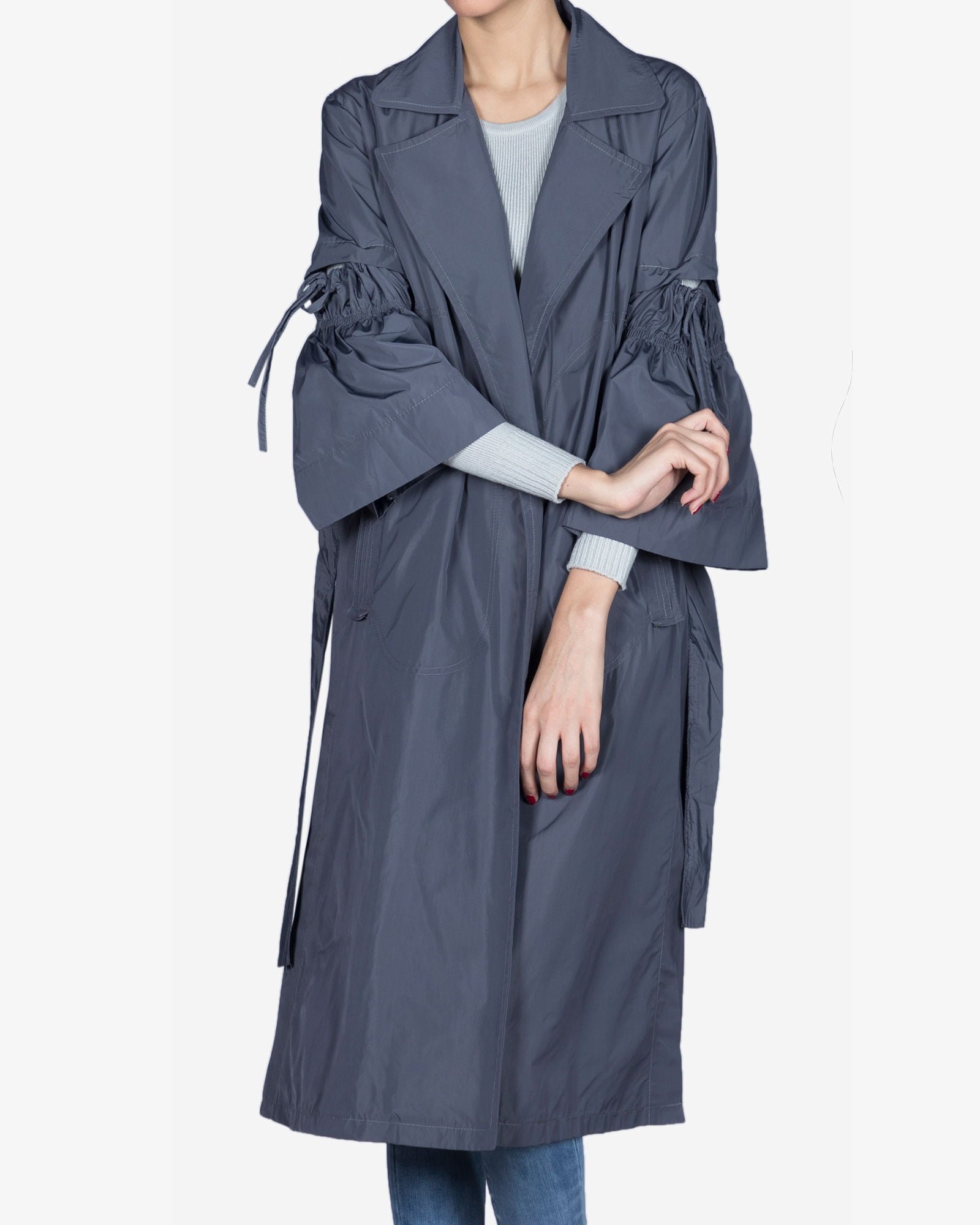 بارانی زنانه بلند یقه انگلیسی - سربی تیره - رو به رو