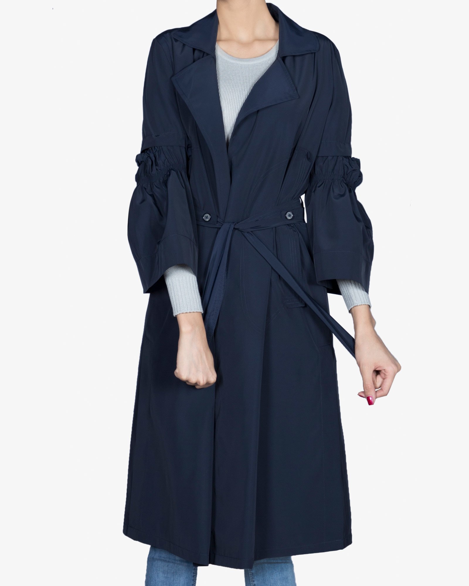 بارانی زنانه بلند یقه انگلیسی - سرمه ای تیره - رو به رو