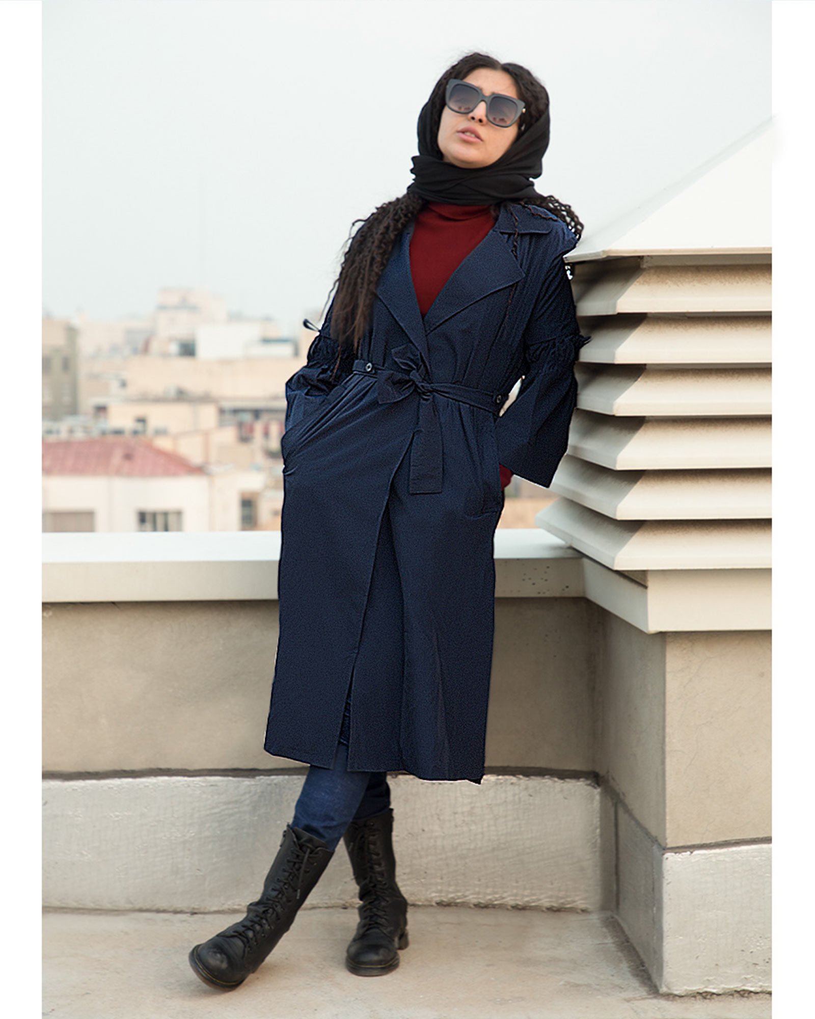 بارانی زنانه بلند یقه انگلیسی - سرمه ای تیره - زنانه