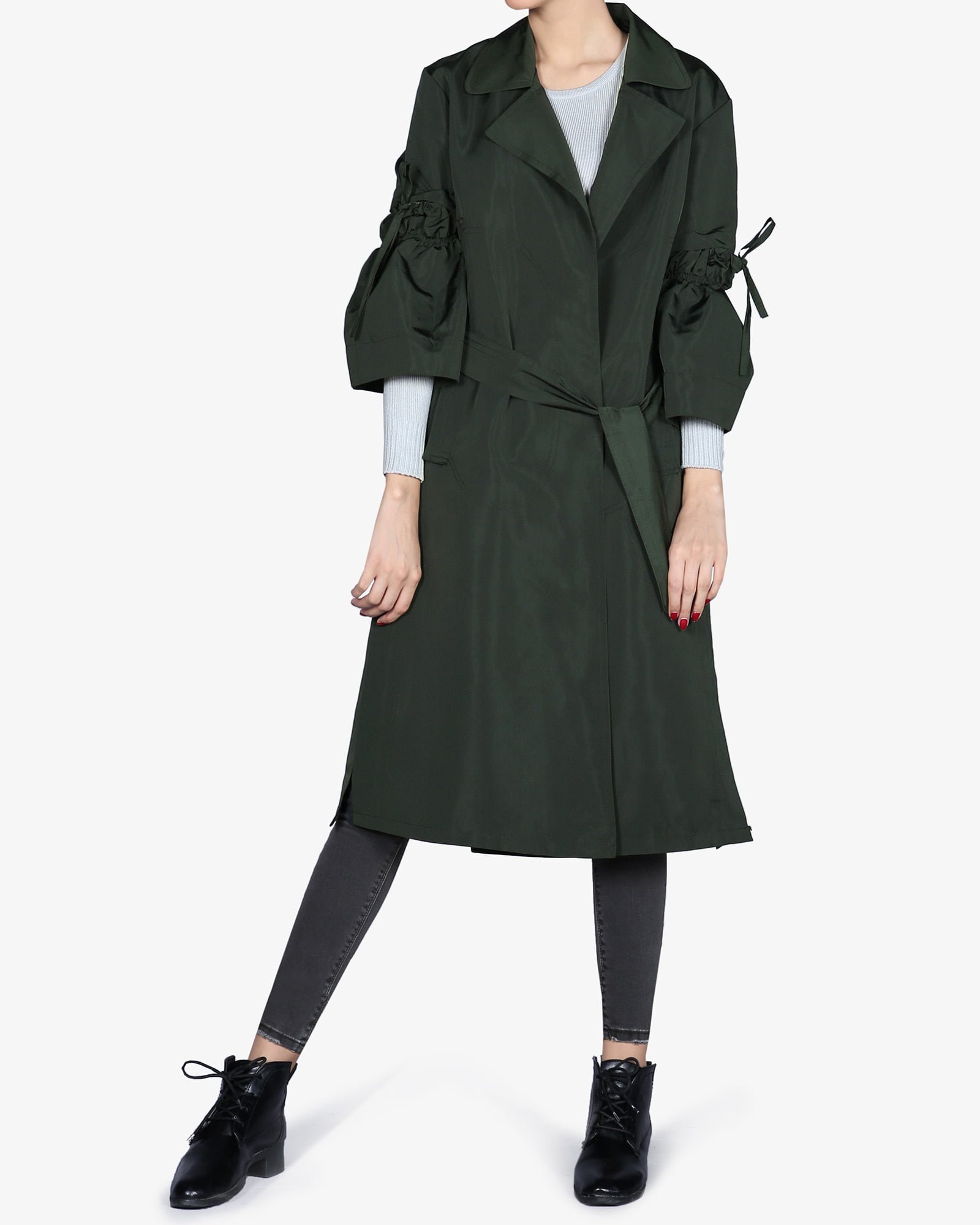 بارانی زنانه بلند یقه انگلیسی - یشمی پررنگ - رو به رو