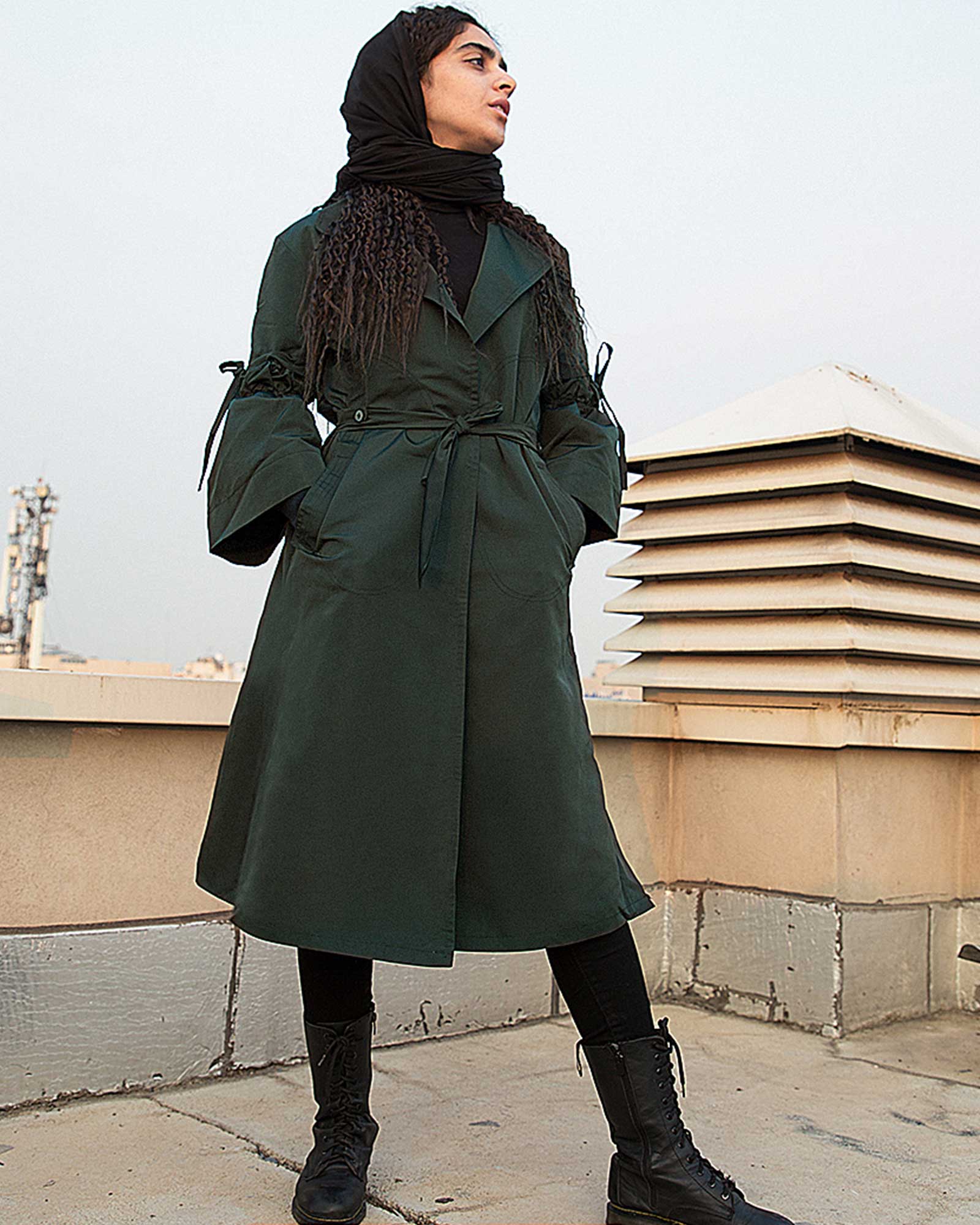 بارانی زنانه بلند یقه انگلیسی-یشمی پررنگ-محیطی