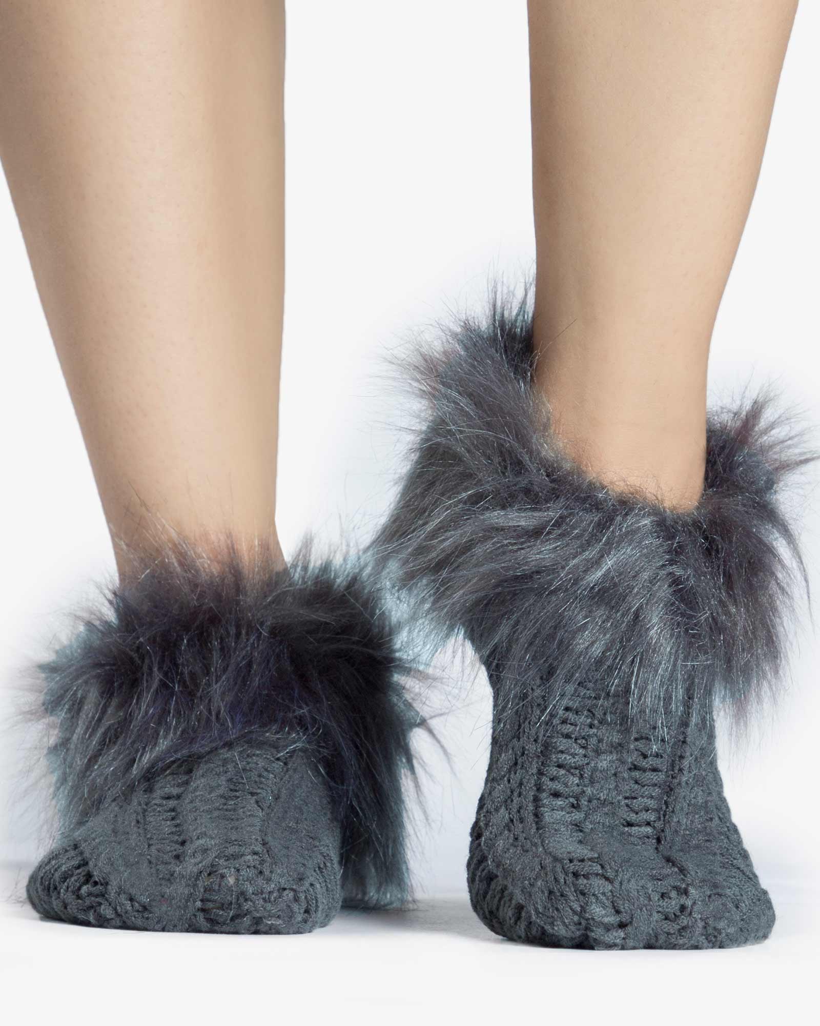 جوراب بافت کوتاه خزدار - سربی تیره - رو به رو