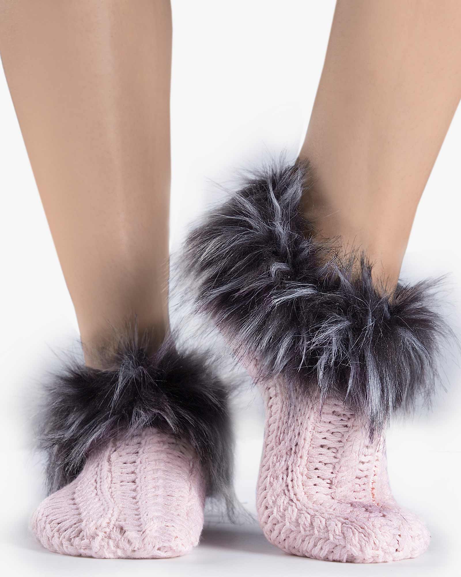 جوراب بافت کوتاه خزدار - صورتی - رو به رو