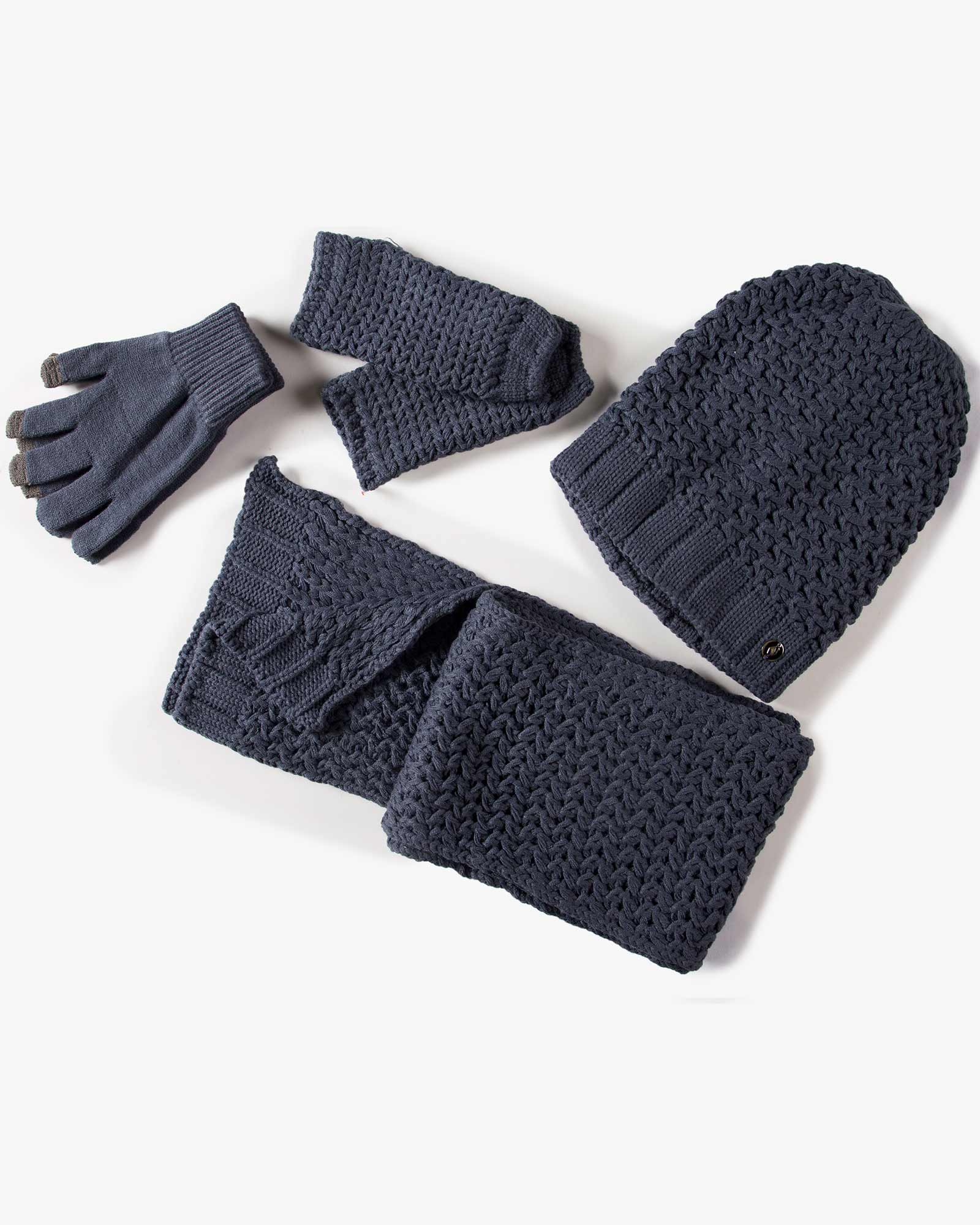 دستکش و شال گردن و کلاه داخل خزدار بافت - سربی تیره - ست