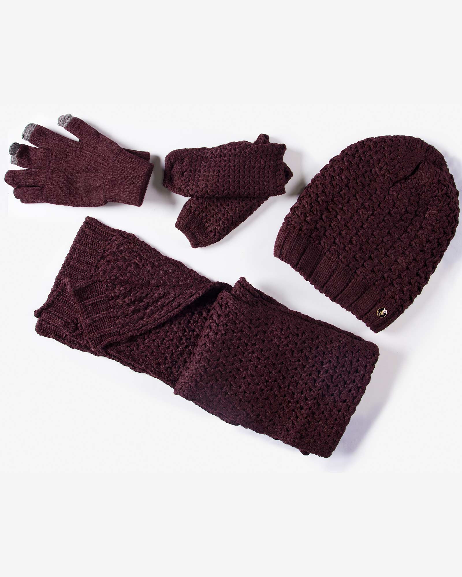 دستکش و شال گردن و کلاه داخل خزدار بافت - عنابی