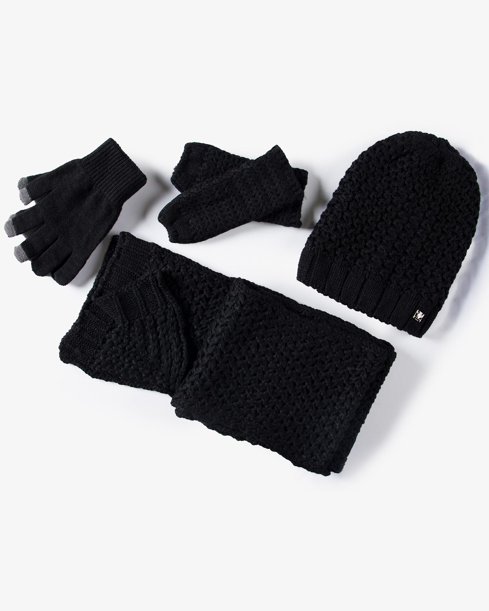 دستکش و شال گردن و کلاه داخل خزدار بافت - مشکی - ست