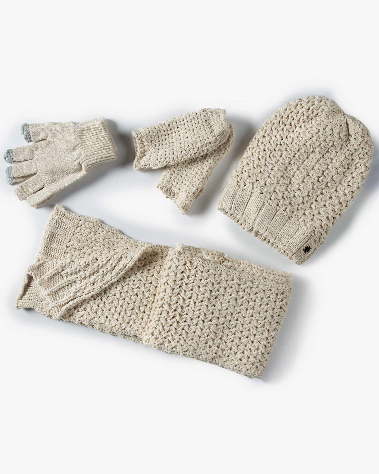 دستکش و شال گردن و کلاه داخل خزدار بافت - کرمی - ست