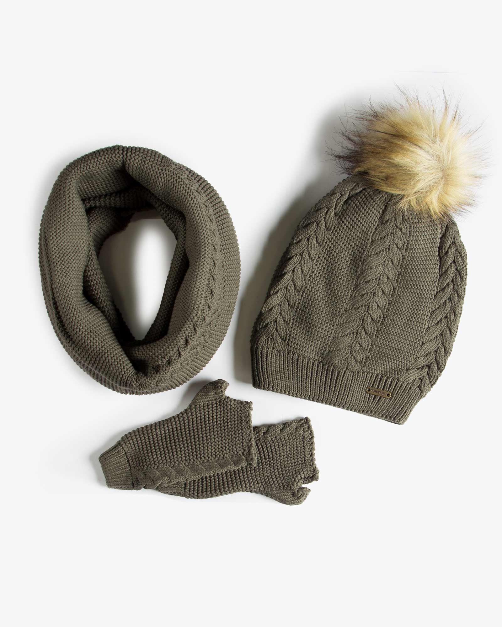 ست کلاه و شال گردن و دستکش بافتنی ساده - زیتونی سیر - رو به رو
