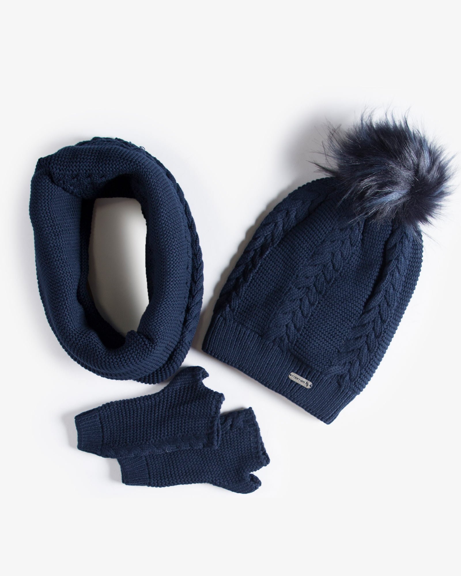 ست کلاه و شال گردن و دستکش بافتنی ساده - سرمه ای تیره - رو به رو