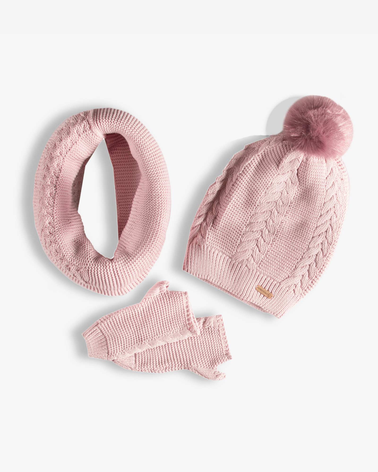 ست کلاه و شال گردن و دستکش بافتنی ساده - صورتی - رو به رو