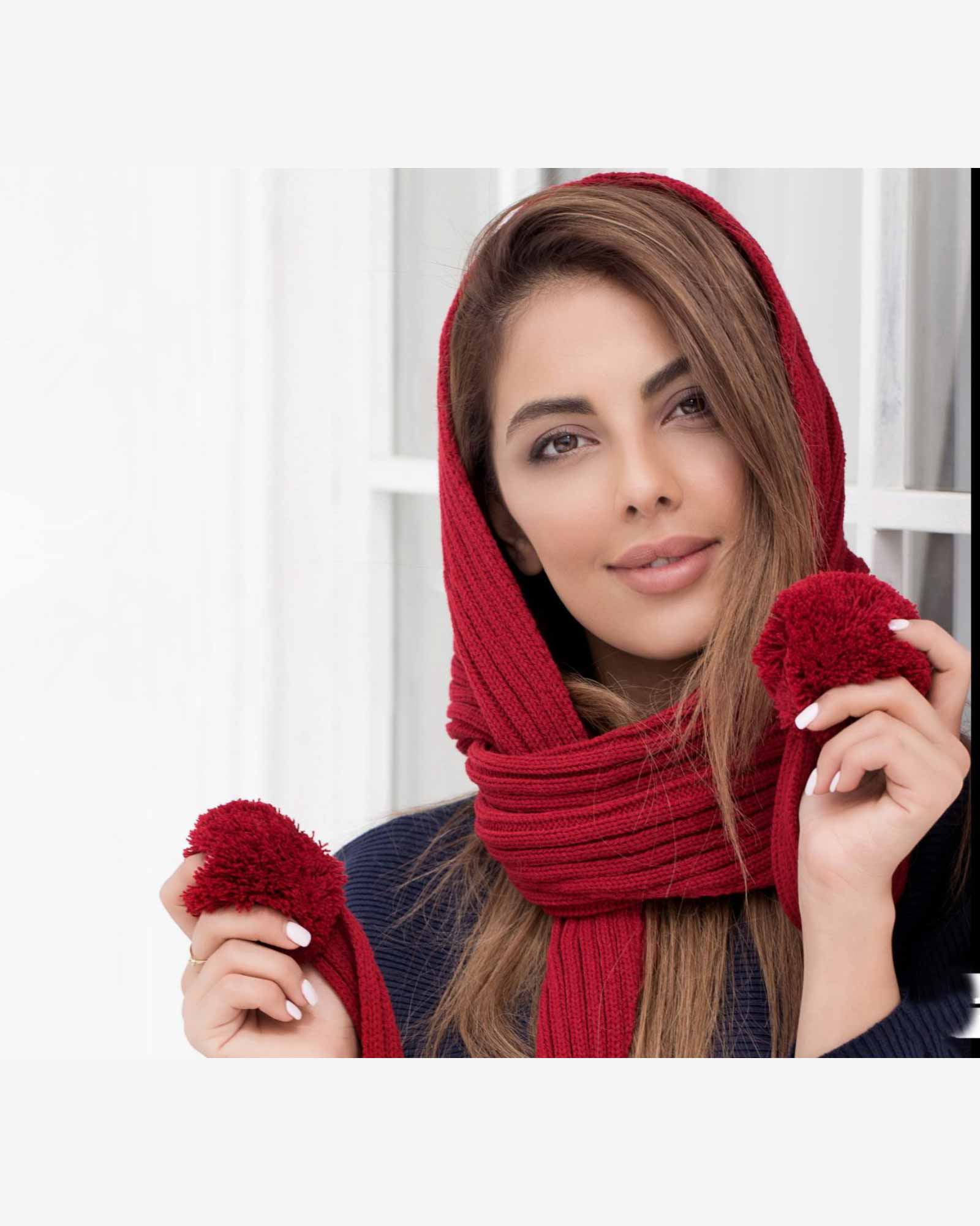 شال گردن بافت دخترانه منگوله دار - قرمز - محیطی