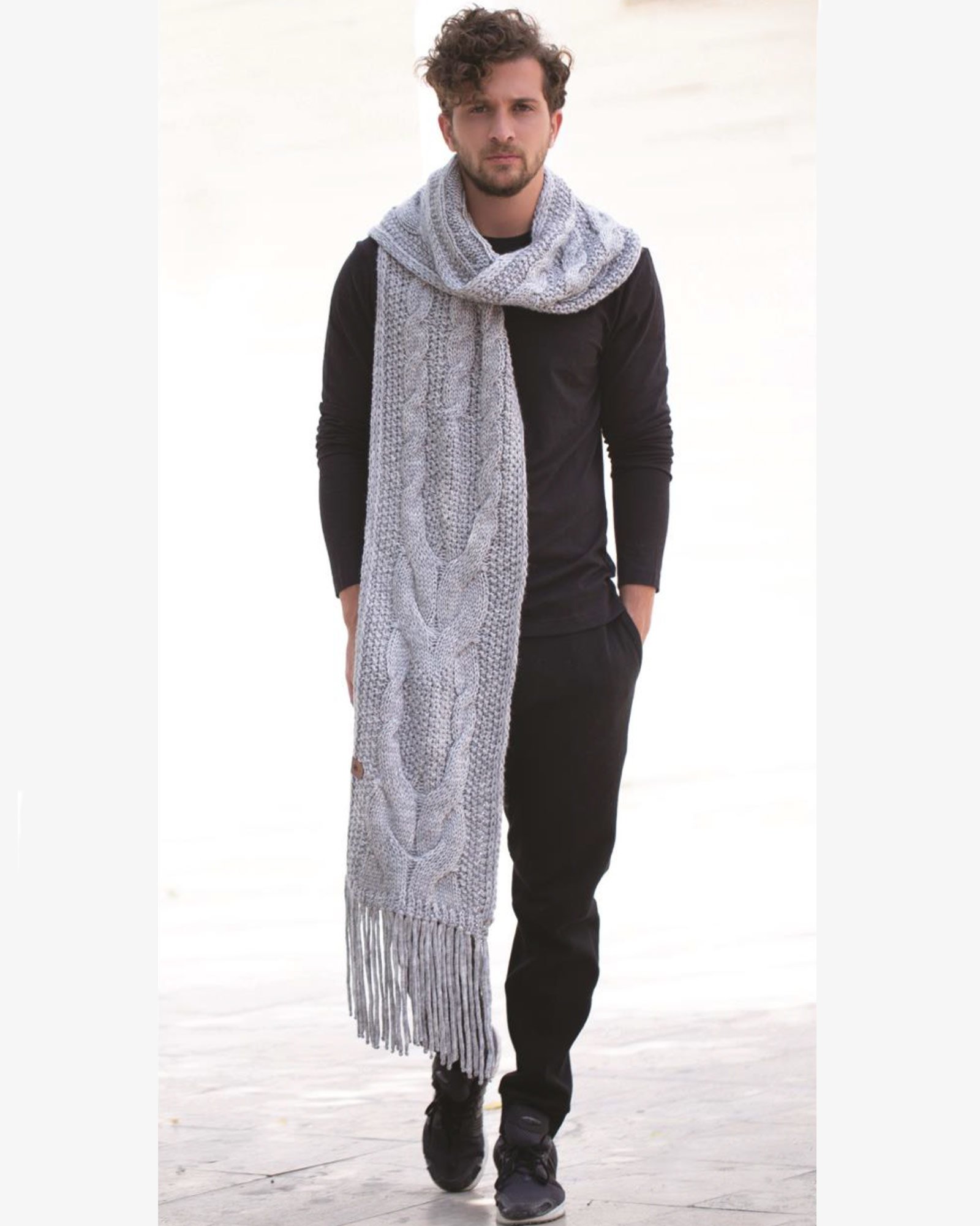 شال گردن بافت درشت طرح دار - طوسی کمرنگ - محیطی مردانه