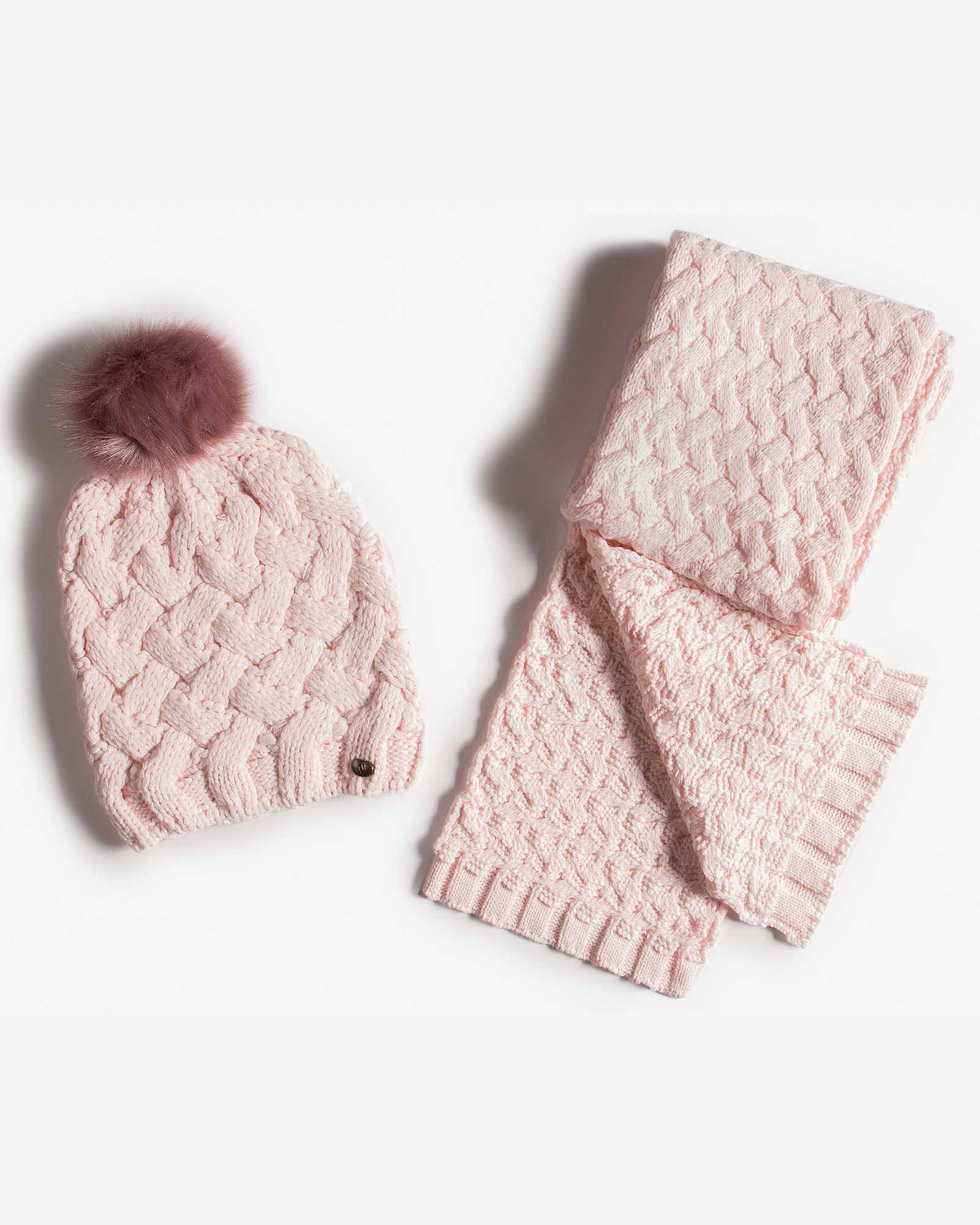 شال گردن و کلاه بافت طرح حصیری - صورتی - شال گردن و کلاه