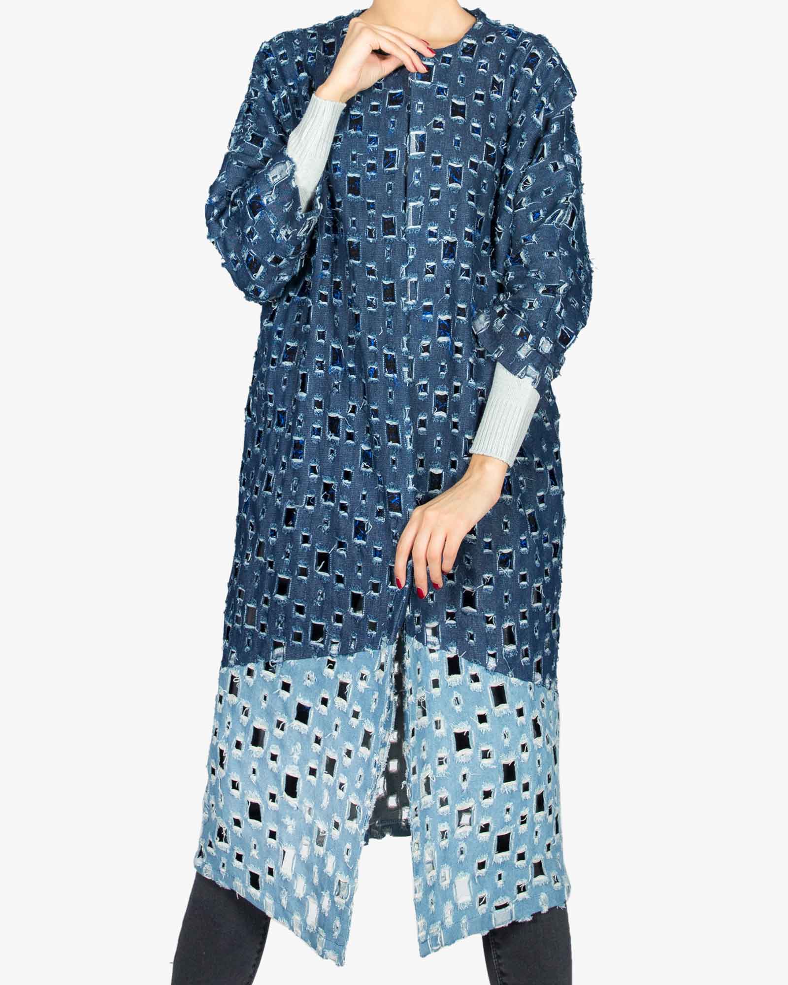 مانتو جین دخترانه بلند زاپ دار - آبی کاربنی - رو به رو